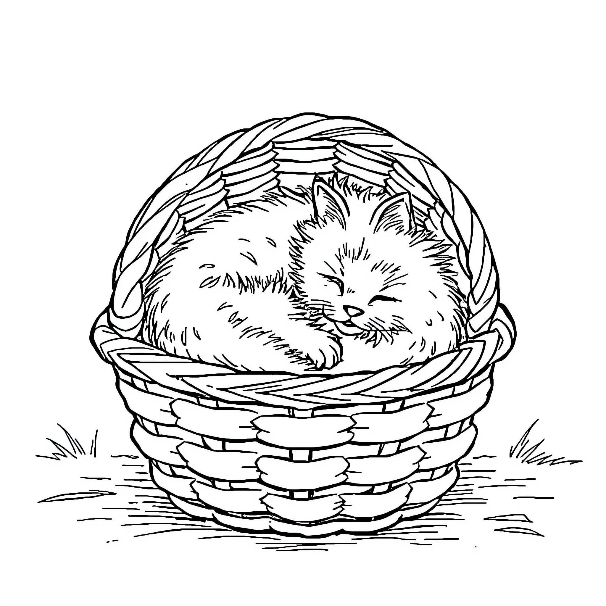 Cat sleeping comfortably in a woven basket Coloring Page (free black-and-white line drawing printable PDF for all, from beginners to advanced learners, including children, teens, adults, and seniors)
