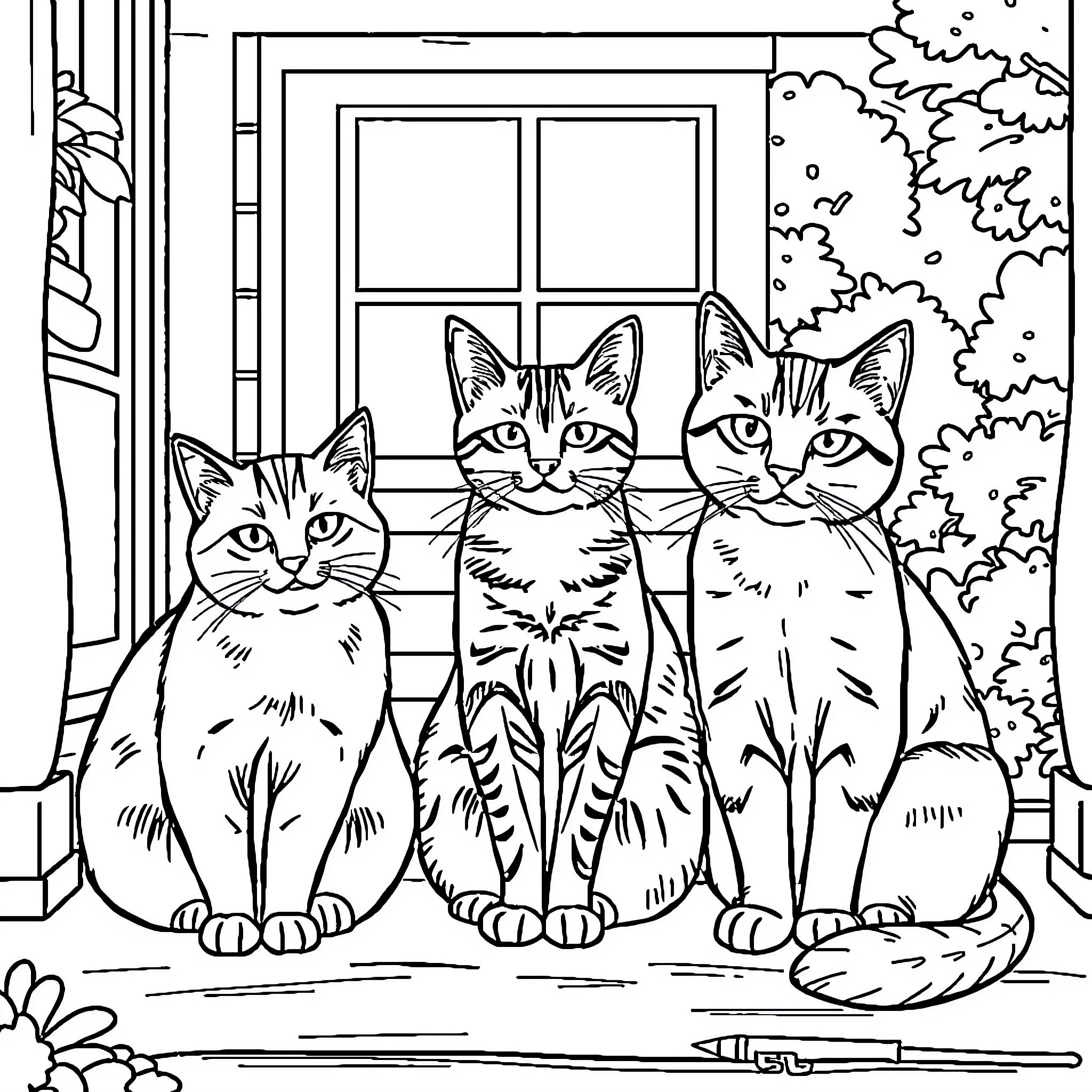 Cat trio posing in front of a house Coloring Page (free black-and-white line drawing printable PDF for all, from beginners to advanced learners, including children, teens, adults, and seniors)
