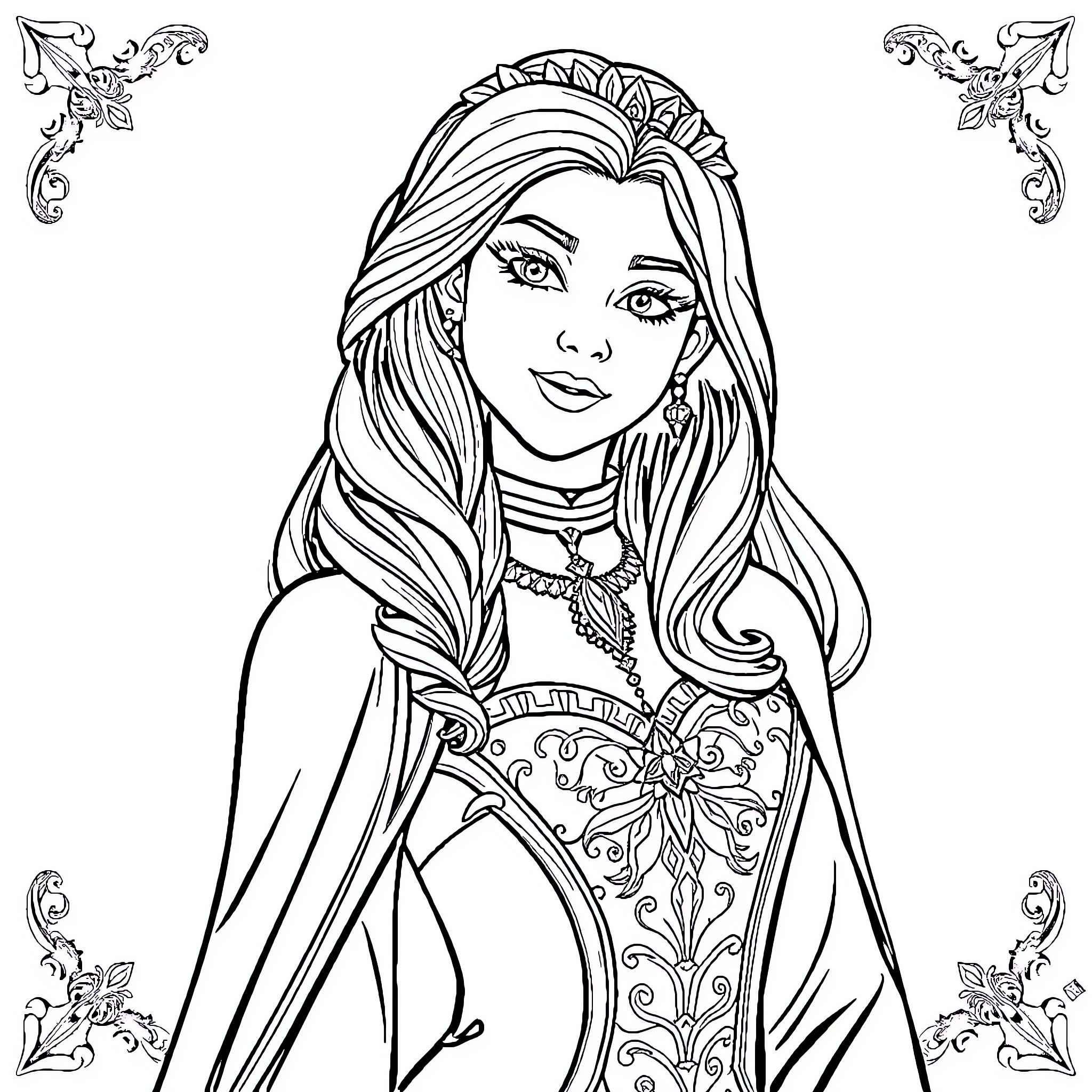 Caitlyn Kiramman in elegant attire and intricate ornamentations Coloring Page (free black-and-white line drawing printable PDF for all, from beginners to advanced learners, including children, teens, adults, and seniors)