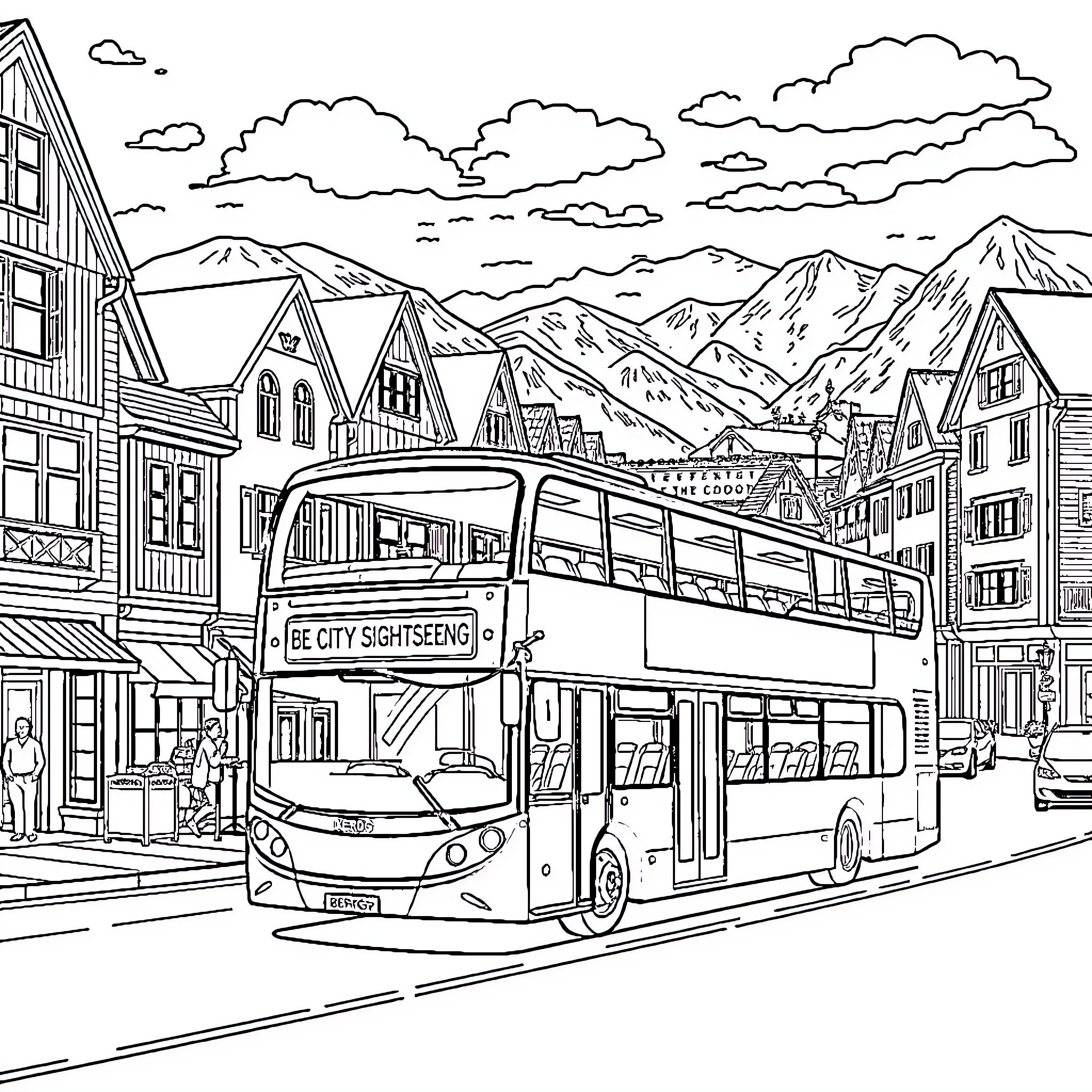 Bus Sightseeing Through Scenic Mountain Town Coloring Page (free black-and-white line drawing printable PDF for all, from beginners to advanced learners, including children, teens, adults, and seniors)