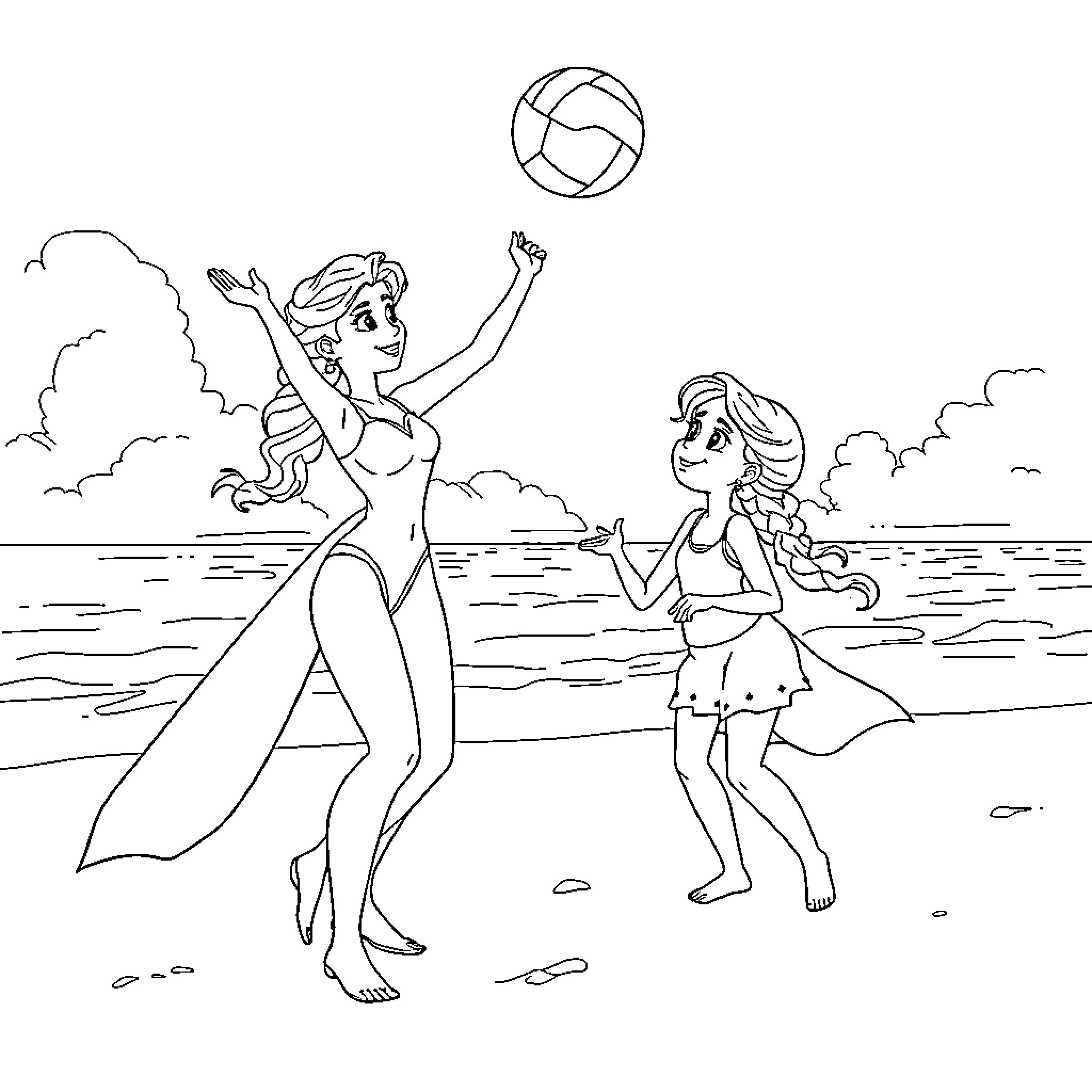 Elsa and Anna playing joyfully on the beach Coloring Page (free black-and-white line drawing printable PDF for all, from beginners to advanced learners, including children, teens, adults, and seniors)