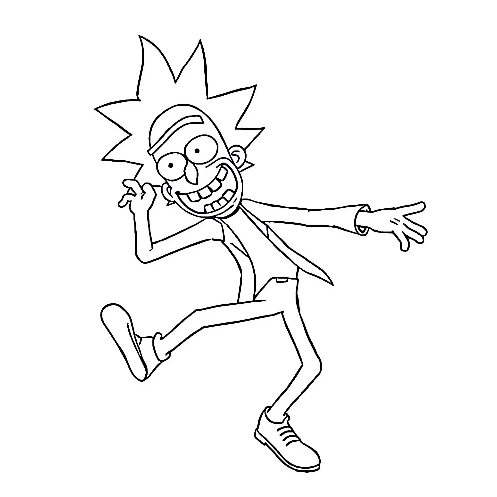 Rick Sanchez in a cheerful, exaggerated pose Coloring Page (free black-and-white line drawing printable PDF for all, from beginners to advanced learners, including children, teens, adults, and seniors)