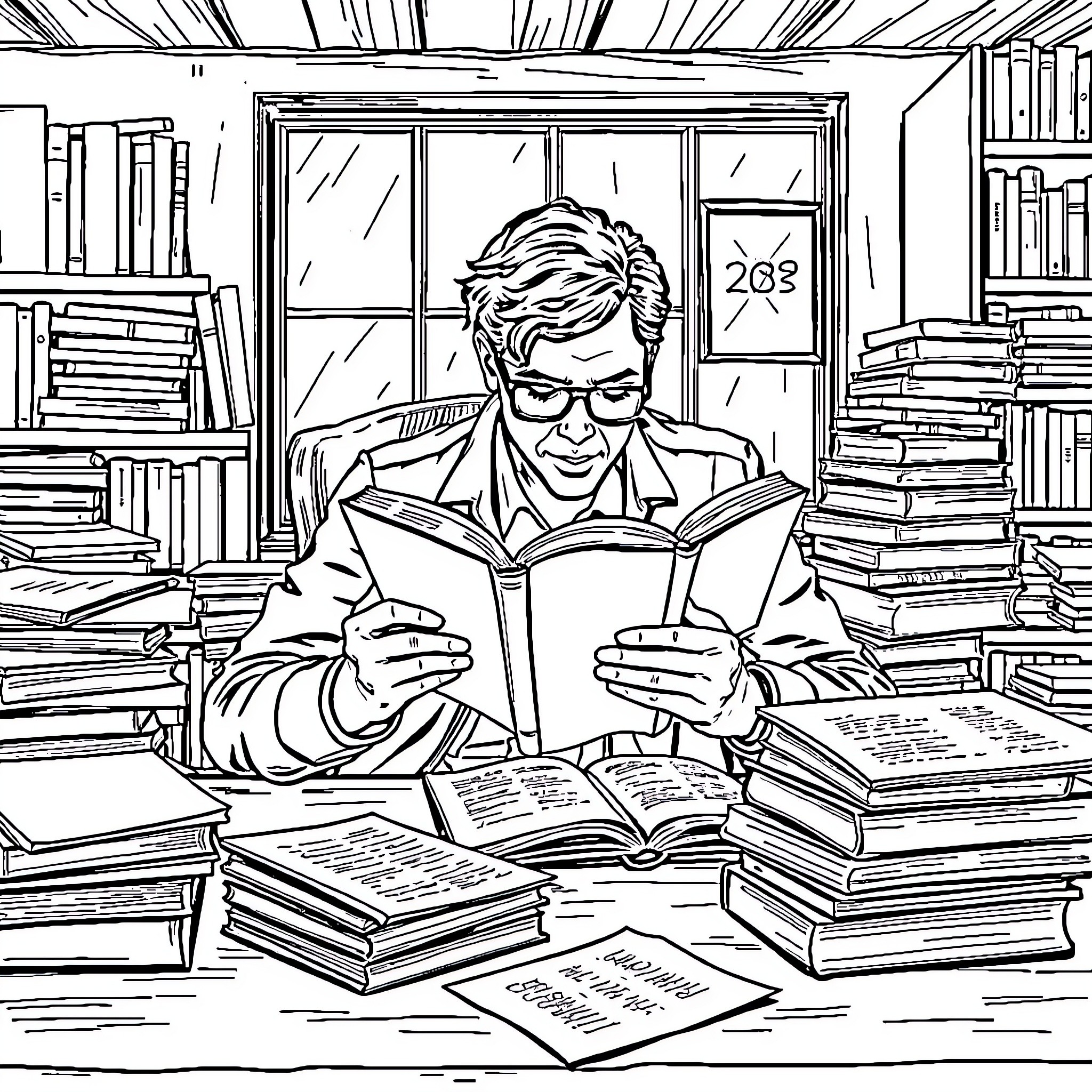 Spencer Reid studying intently in his cluttered office Coloring Page (free black-and-white line drawing printable PDF for all, from beginners to advanced learners, including children, teens, adults, and seniors)