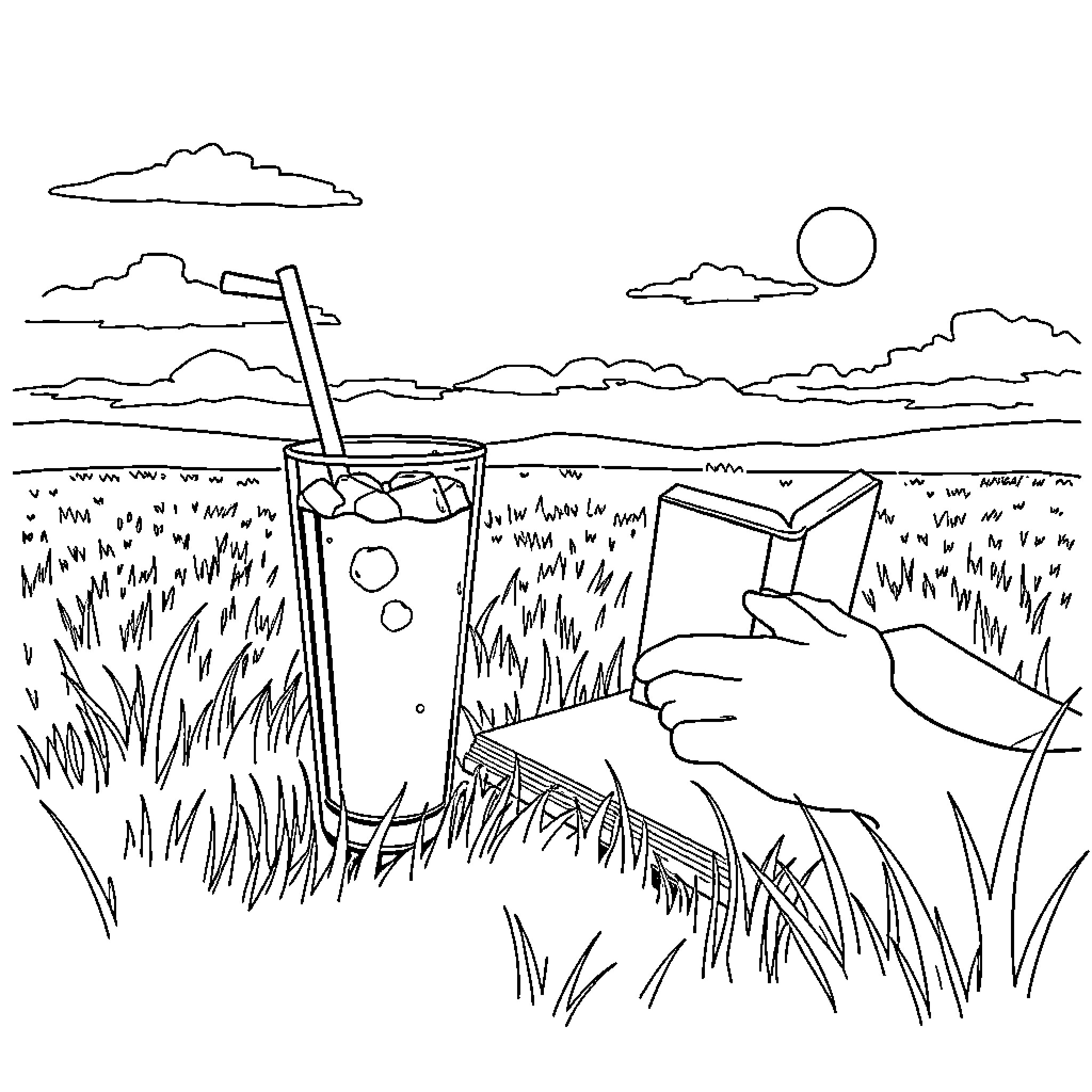 Iced Coffee in a Serene Outdoor Setting Coloring Page (free black-and-white line drawing printable PDF for all, from beginners to advanced learners, including children, teens, adults, and seniors)