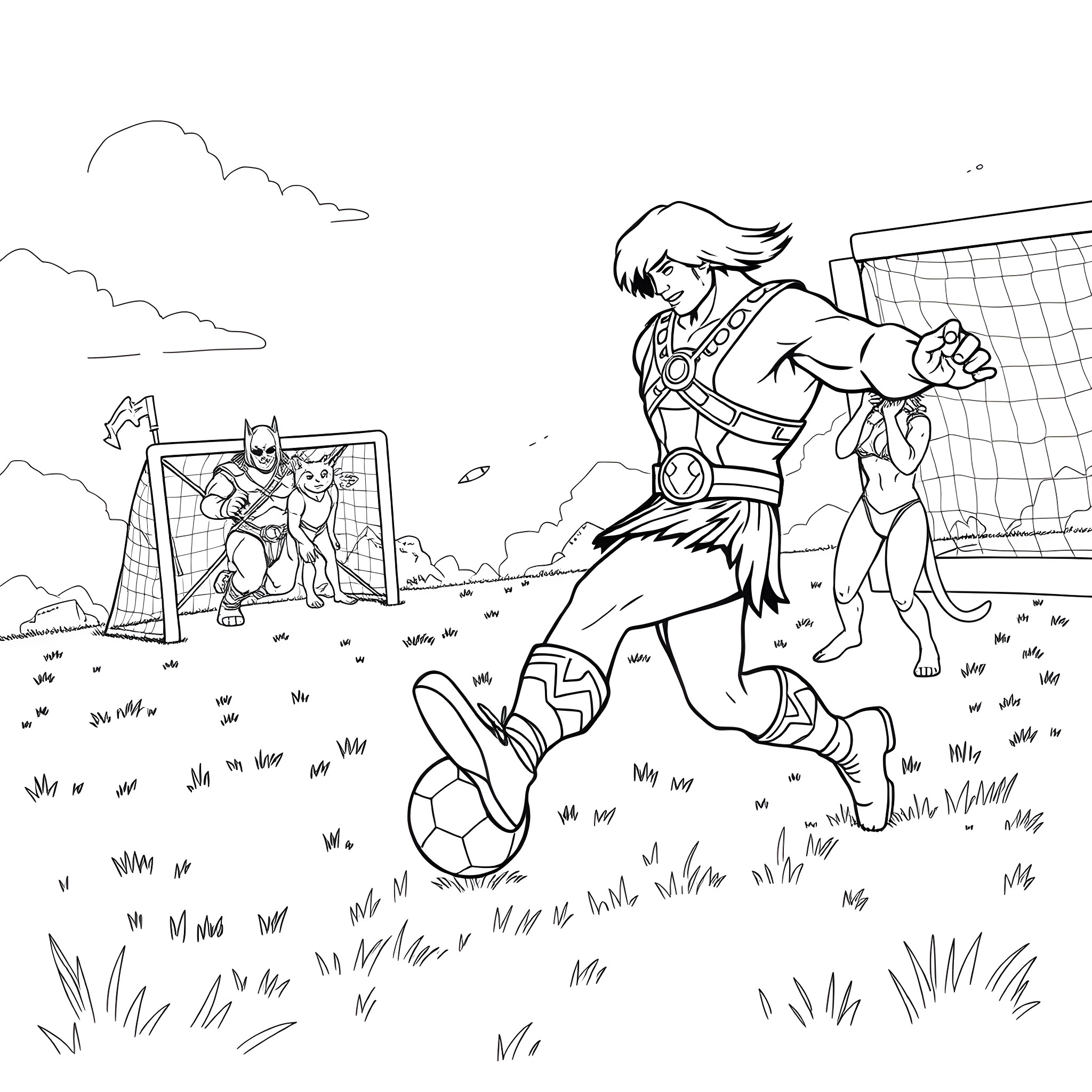 He-Man kicking soccer ball in epic sports scene Coloring Page (free black-and-white line drawing printable PDF for all, from beginners to advanced learners, including children, teens, adults, and seniors)
