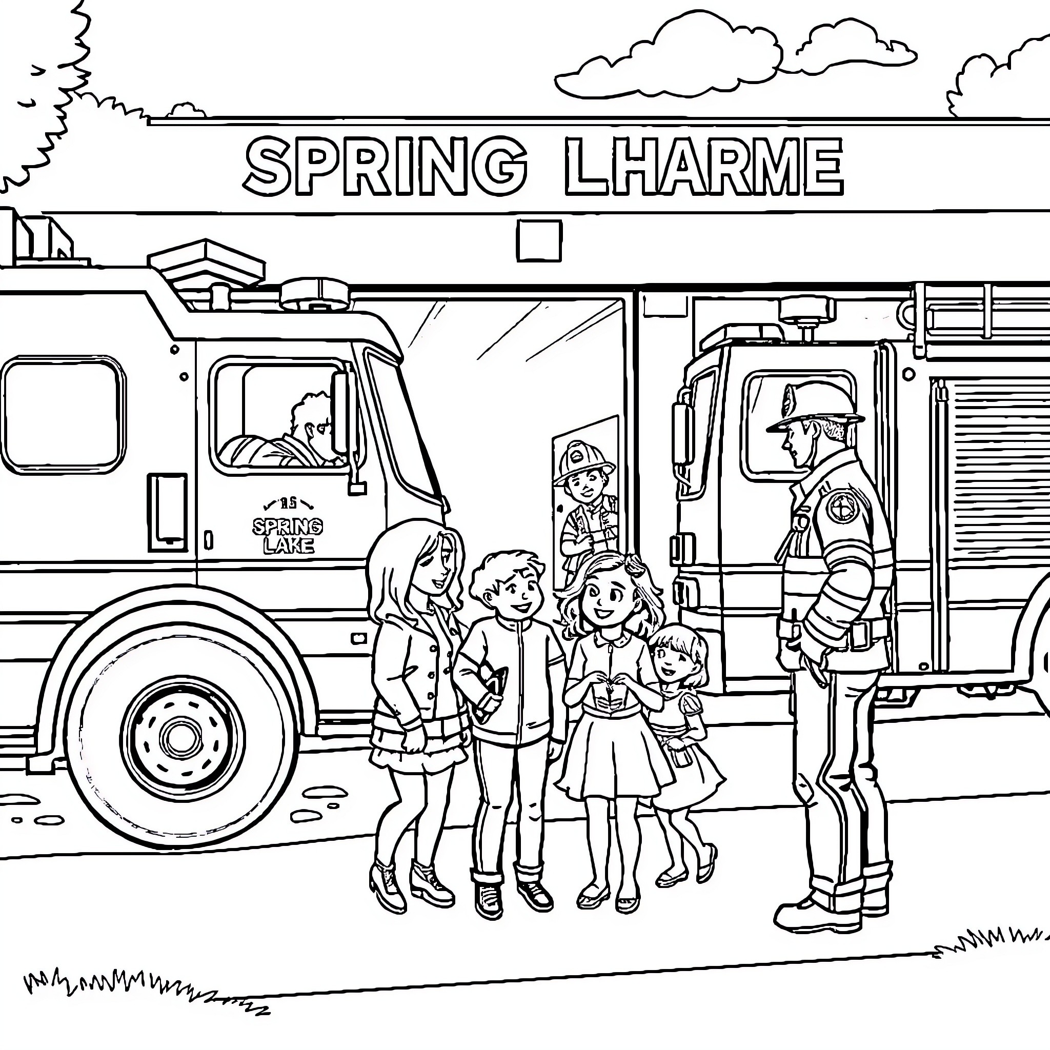 Fire Department Family Gathering in Front of Truck Coloring Page (free black-and-white line drawing printable PDF for all, from beginners to advanced learners, including children, teens, adults, and seniors)