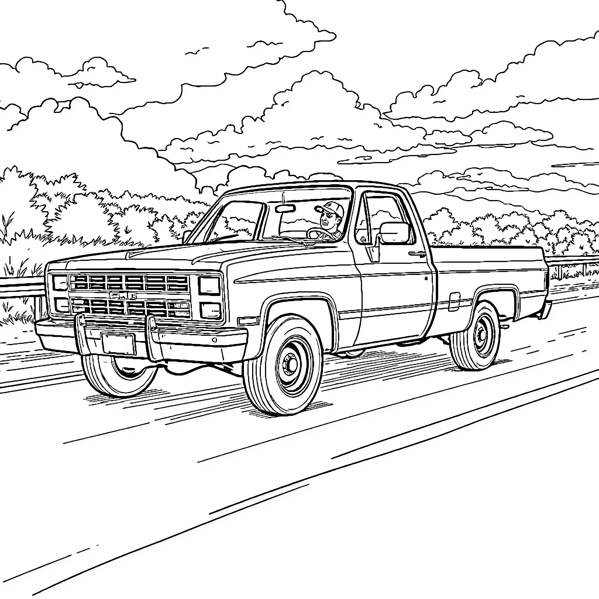 C10 Pickup Truck Driving Through Countryside Coloring Page (free black-and-white line drawing printable PDF for all, from beginners to advanced learners, including children, teens, adults, and seniors)