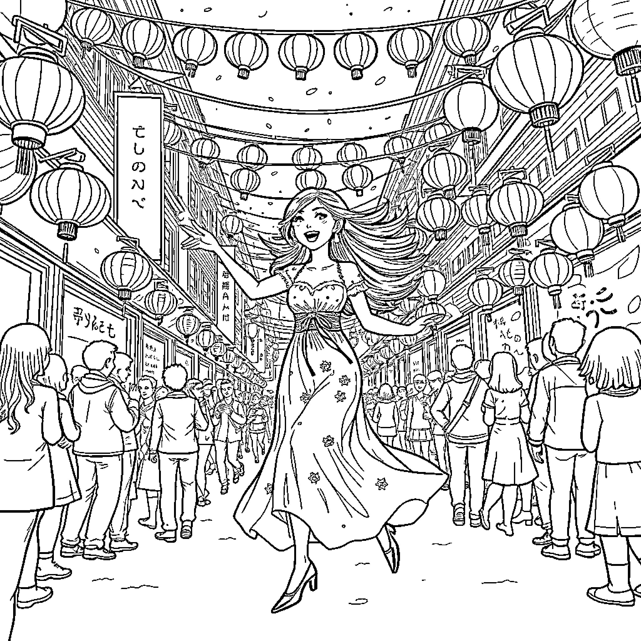 Mei Lee's Lively Lunar New Year Celebration Coloring Page (free black-and-white line drawing printable PDF for all, from beginners to advanced learners, including children, teens, adults, and seniors)