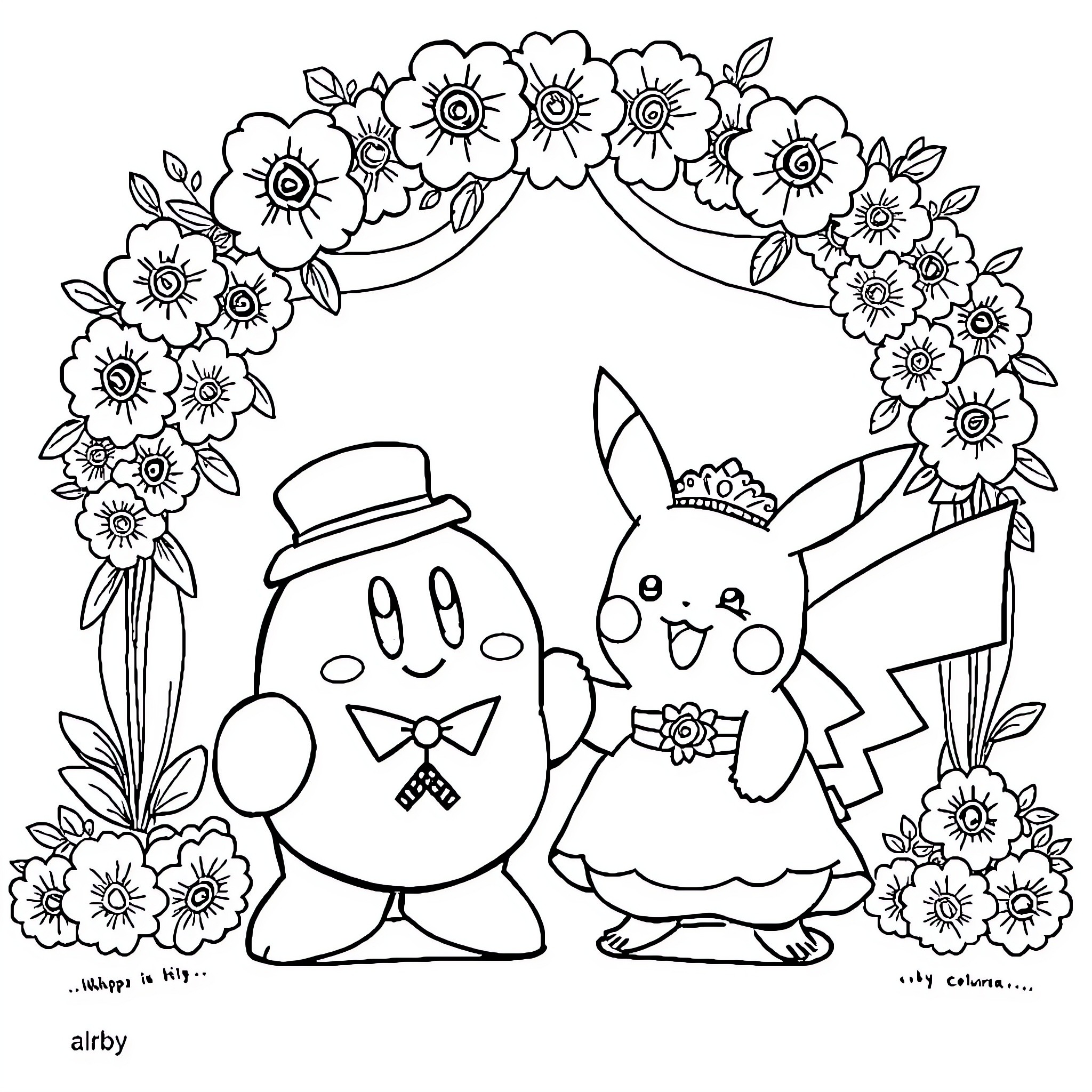 Kirby and Pikachu playing together in a floral wreath Coloring Page (free black-and-white line drawing printable PDF for all, from beginners to advanced learners, including children, teens, adults, and seniors)