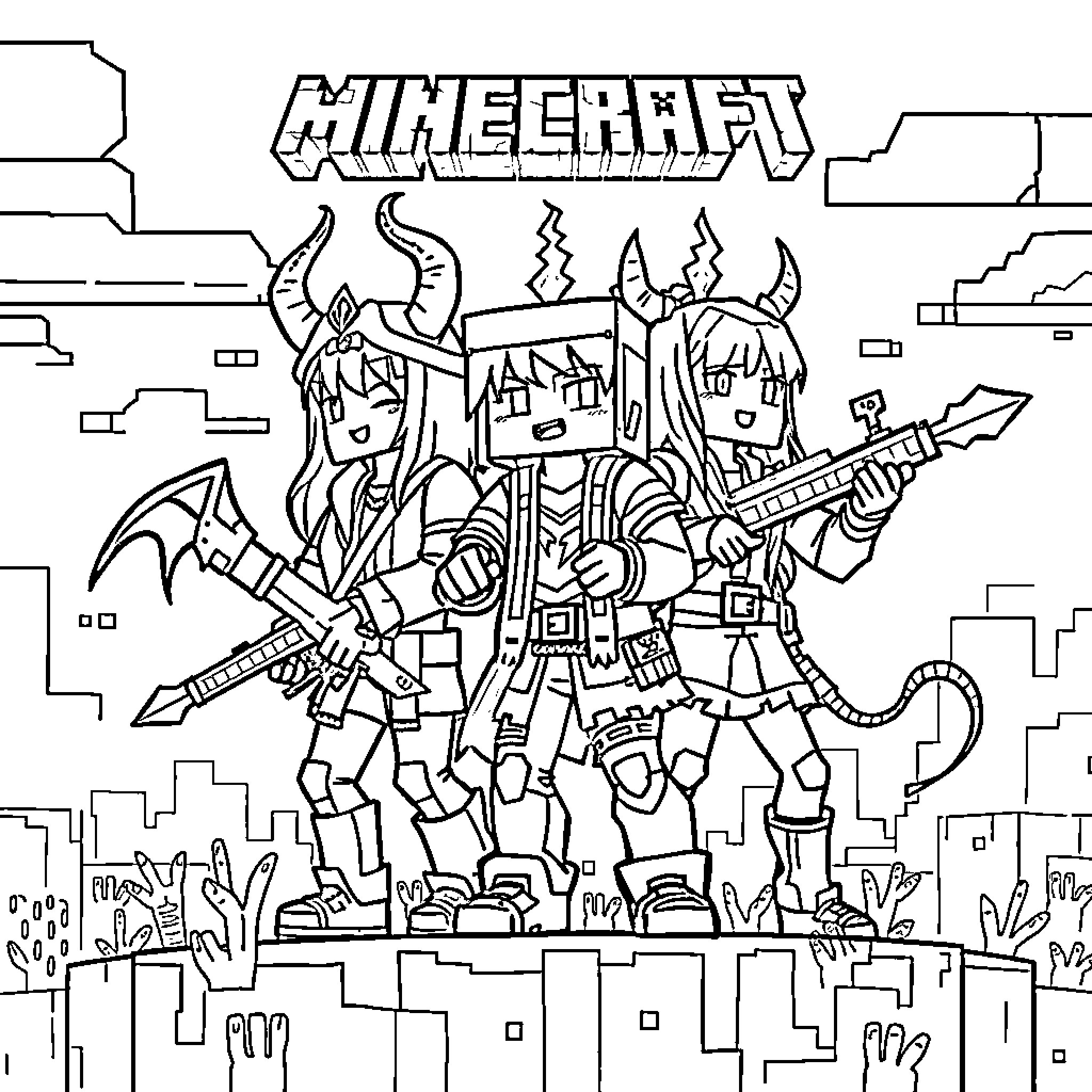 K-POP Demon Hunters Defending Minecraft World Coloring Page (free black-and-white line drawing printable PDF for all, from beginners to advanced learners, including children, teens, adults, and seniors)