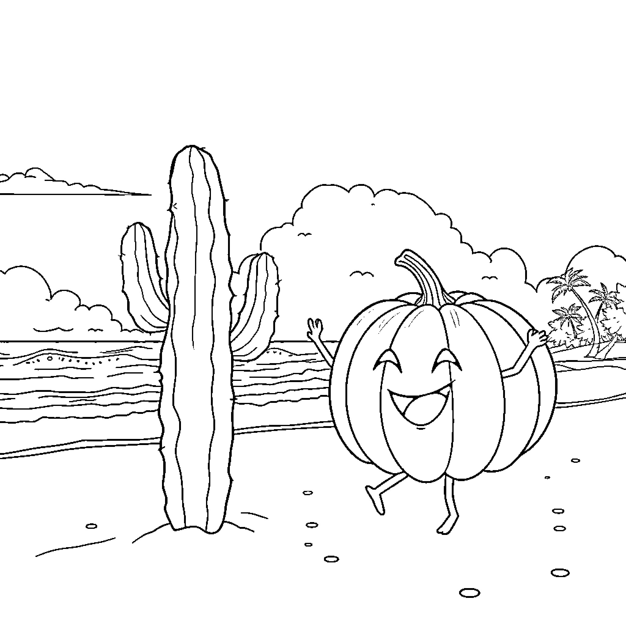 Cactus and smiling pumpkin in desert landscape Coloring Page (free black-and-white line drawing printable PDF for all, from beginners to advanced learners, including children, teens, adults, and seniors)