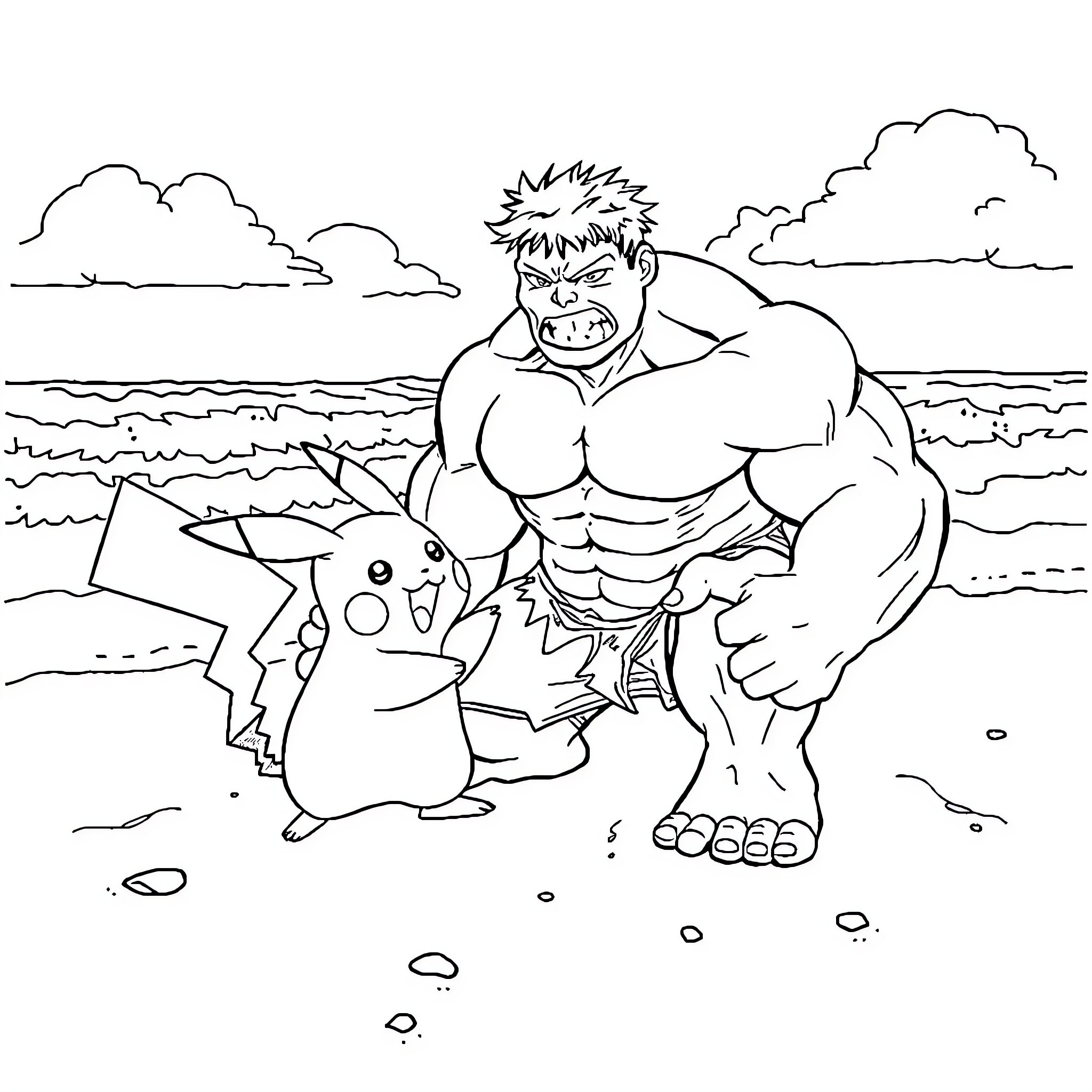 Pikachu and muscular character on the beach Coloring Page (free black-and-white line drawing printable PDF for all, from beginners to advanced learners, including children, teens, adults, and seniors)