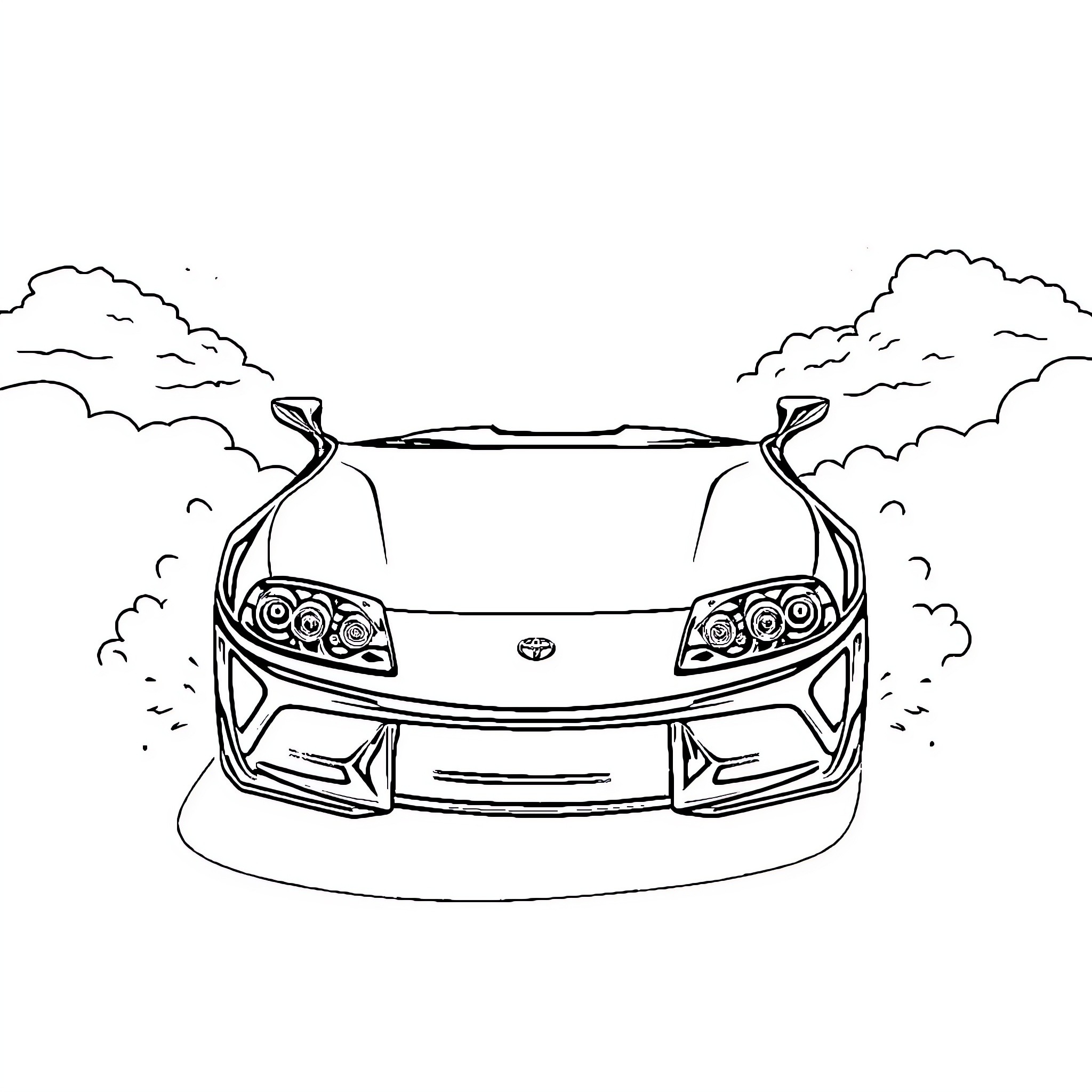 Supra sports car speeding on the road Coloring Page (free black-and-white line drawing printable PDF for all, from beginners to advanced learners, including children, teens, adults, and seniors)