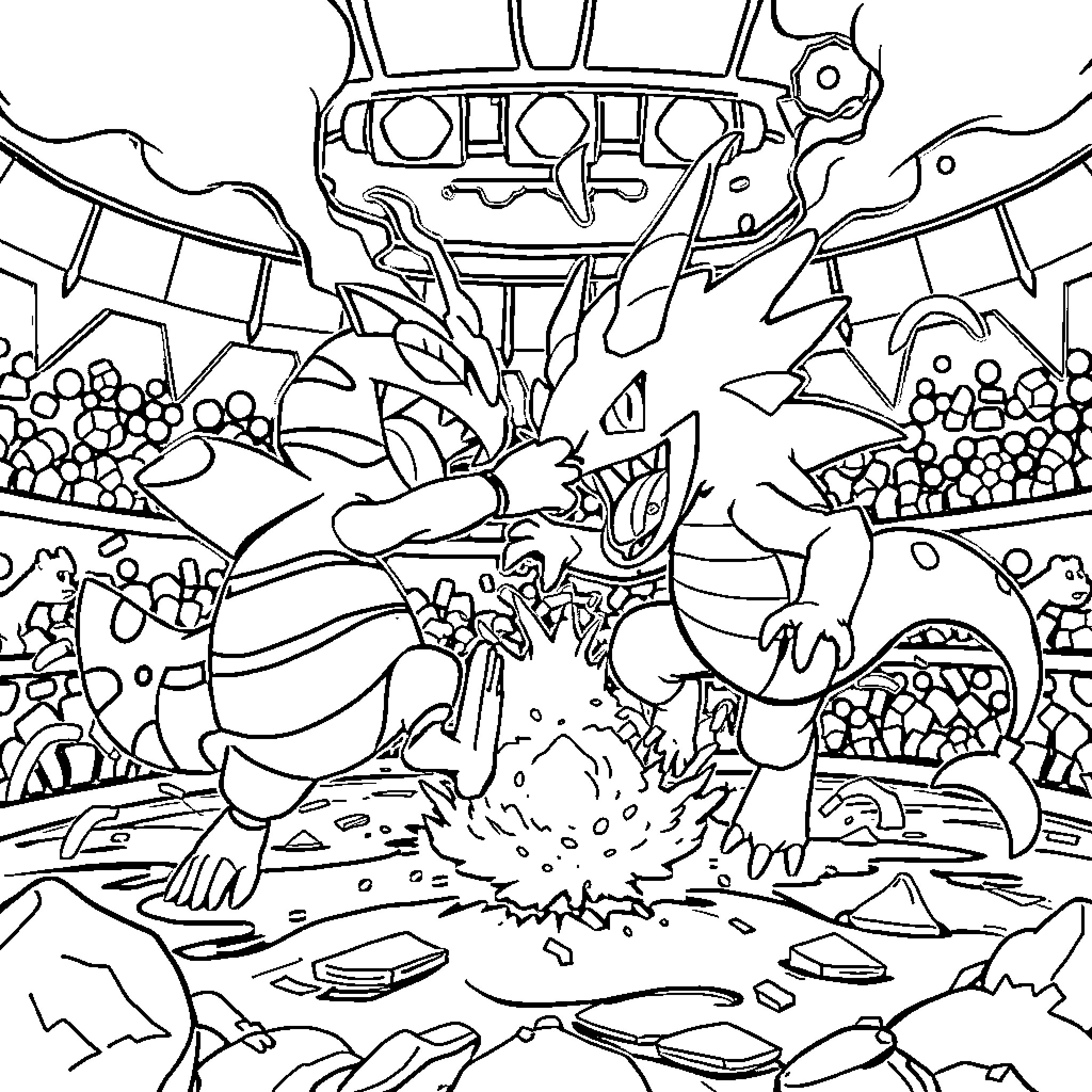Glimmora's Fantastical Creatures Frolic in the Wild Coloring Page (free black-and-white line drawing printable PDF for all, from beginners to advanced learners, including children, teens, adults, and seniors)