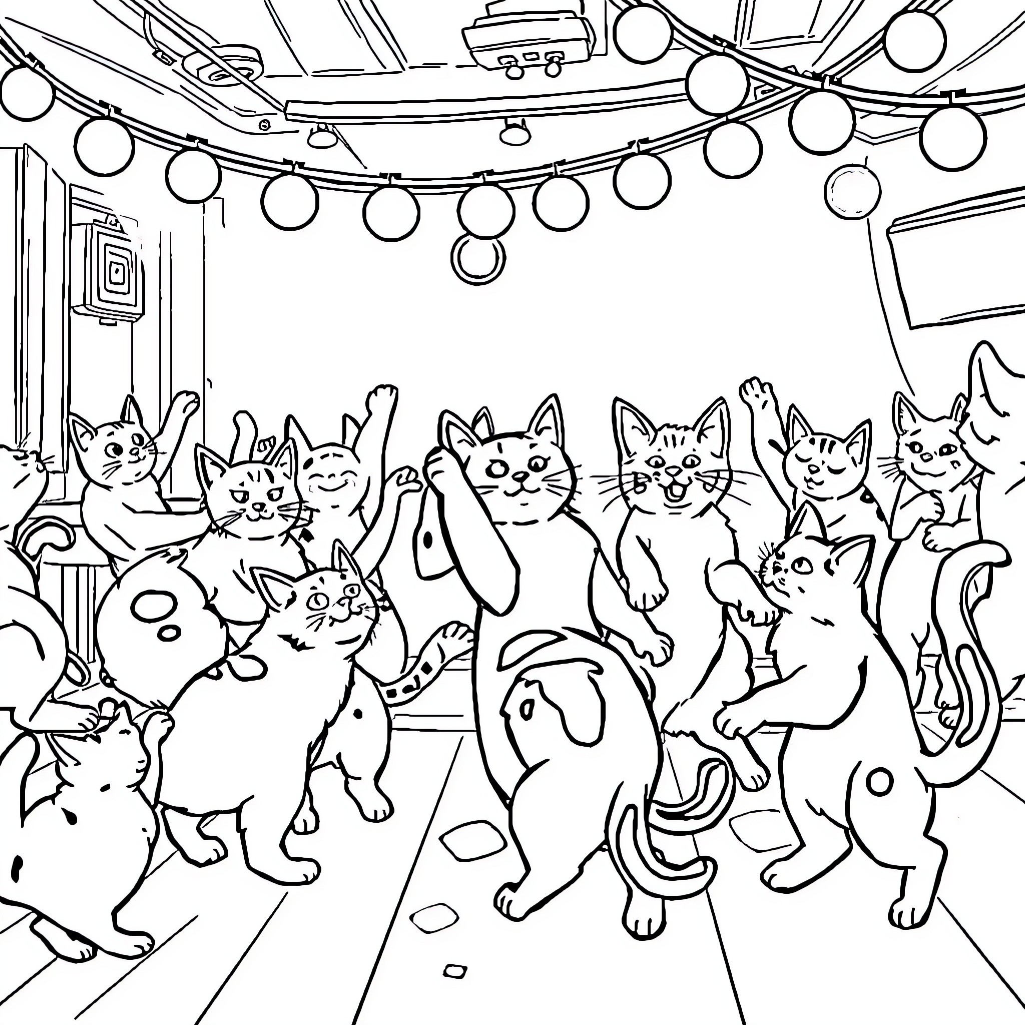 Cats celebrating in a festive party setting Coloring Page (free black-and-white line drawing printable PDF for all, from beginners to advanced learners, including children, teens, adults, and seniors)