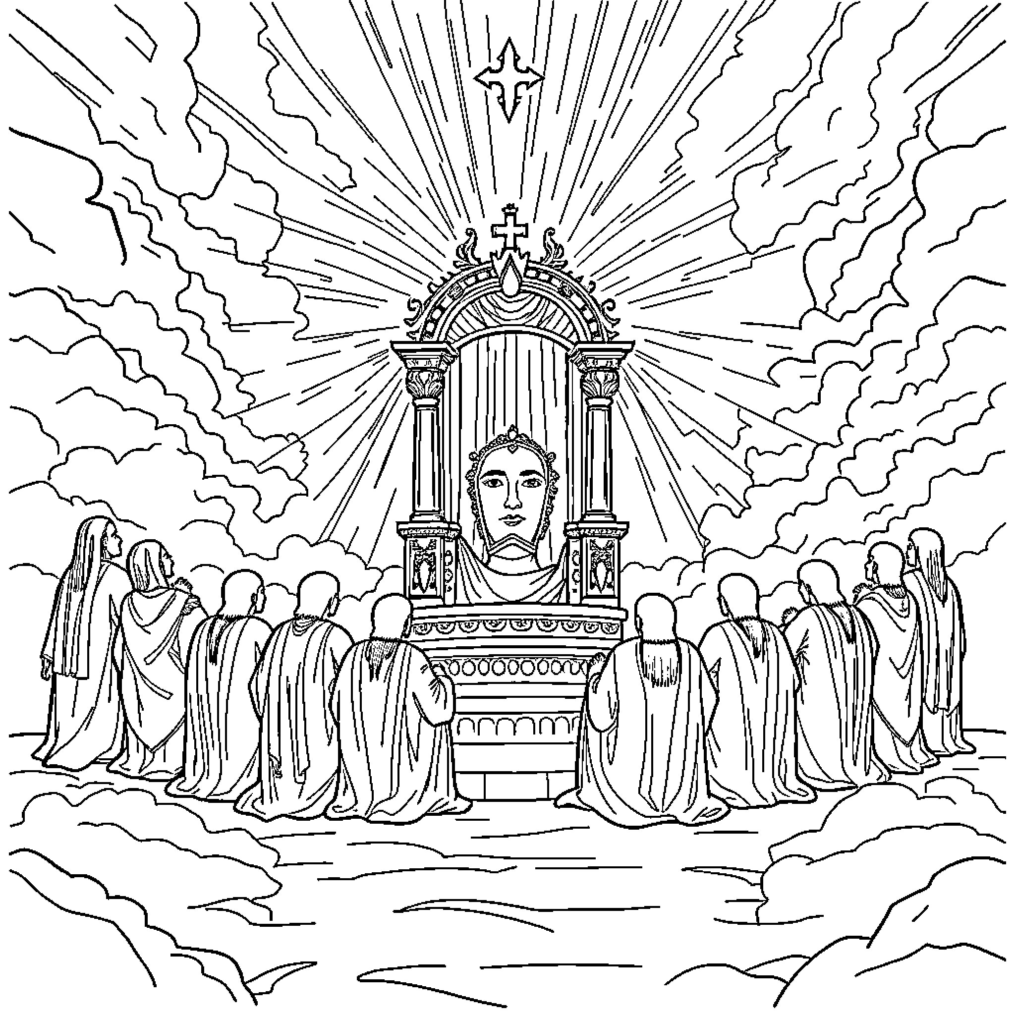 Revelation of a Divine Presence among the Faithful Coloring Page (free black-and-white line drawing printable PDF for all, from beginners to advanced learners, including children, teens, adults, and seniors)
