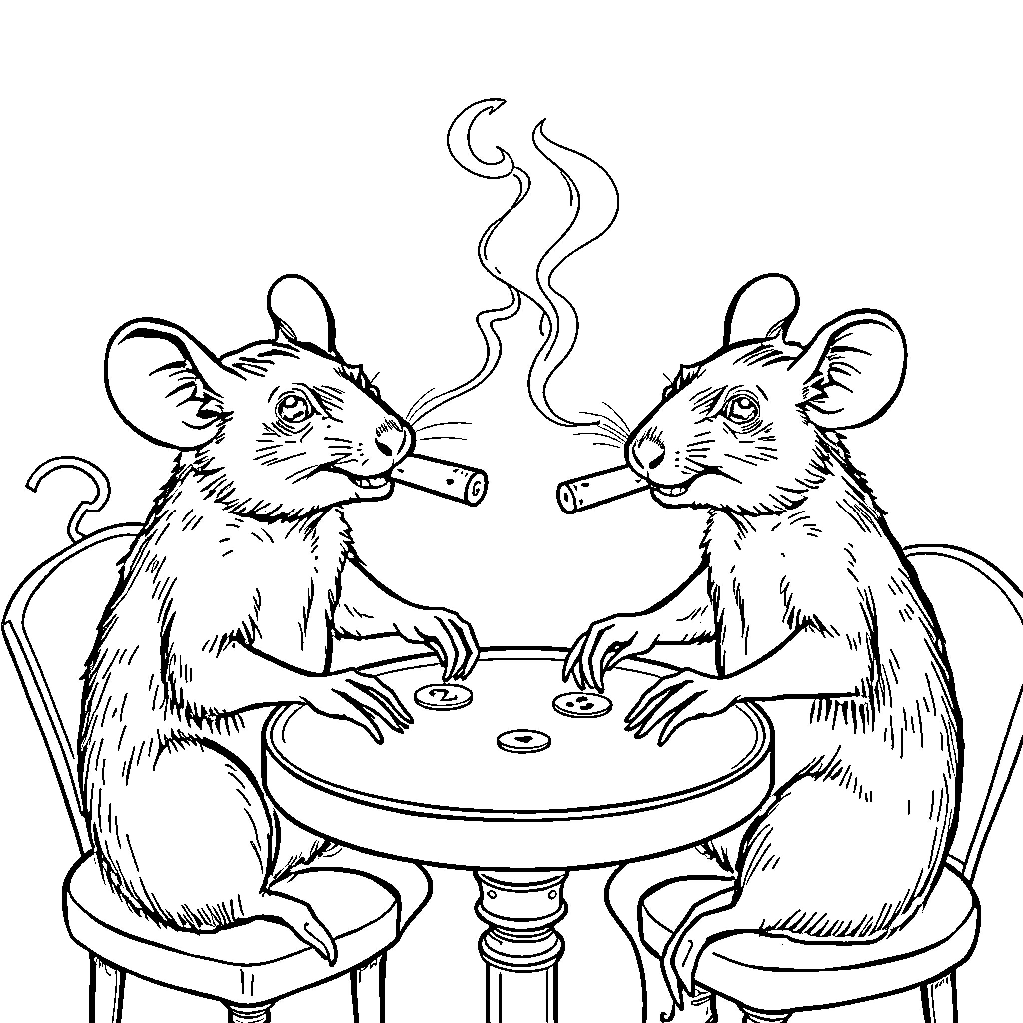 Rats playing cards and smoking cigars Coloring Page (free black-and-white line drawing printable PDF for all, from beginners to advanced learners, including children, teens, adults, and seniors)