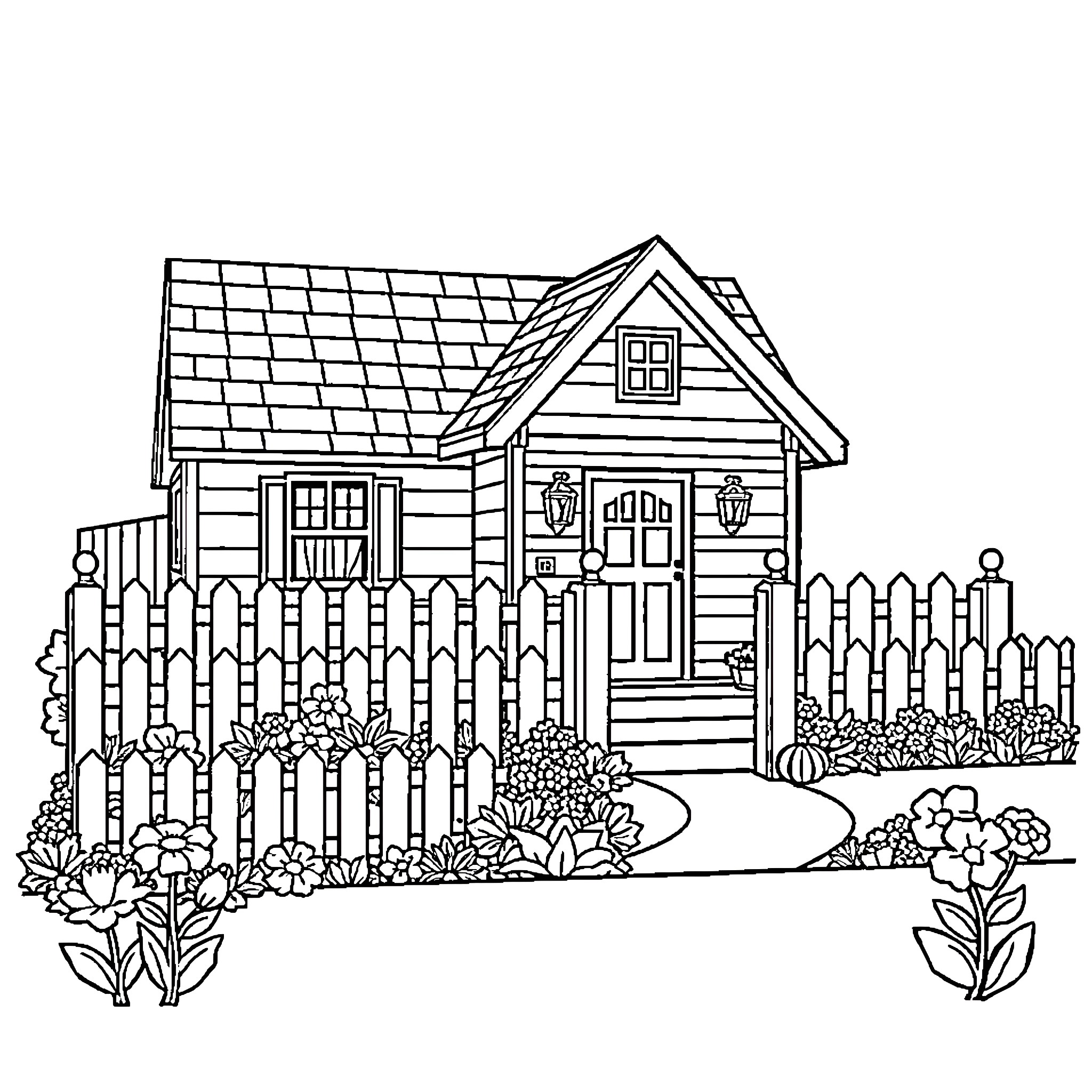 House with a Picturesque Cottage Garden Coloring Page (free black-and-white line drawing printable PDF for all, from beginners to advanced learners, including children, teens, adults, and seniors)