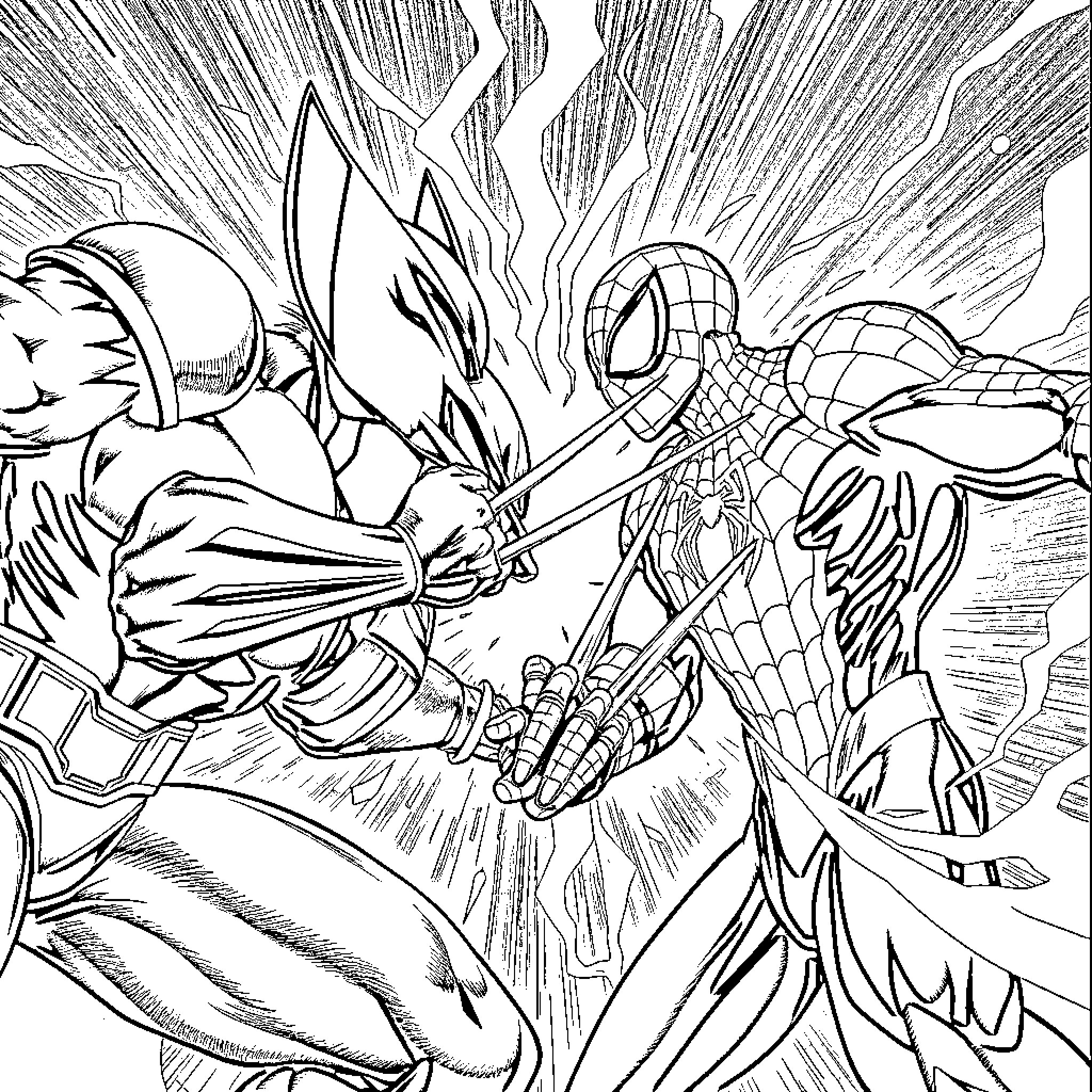 Wolverine in Fierce Combat with Spider-Man Coloring Page (free black-and-white line drawing printable PDF for all, from beginners to advanced learners, including children, teens, adults, and seniors)