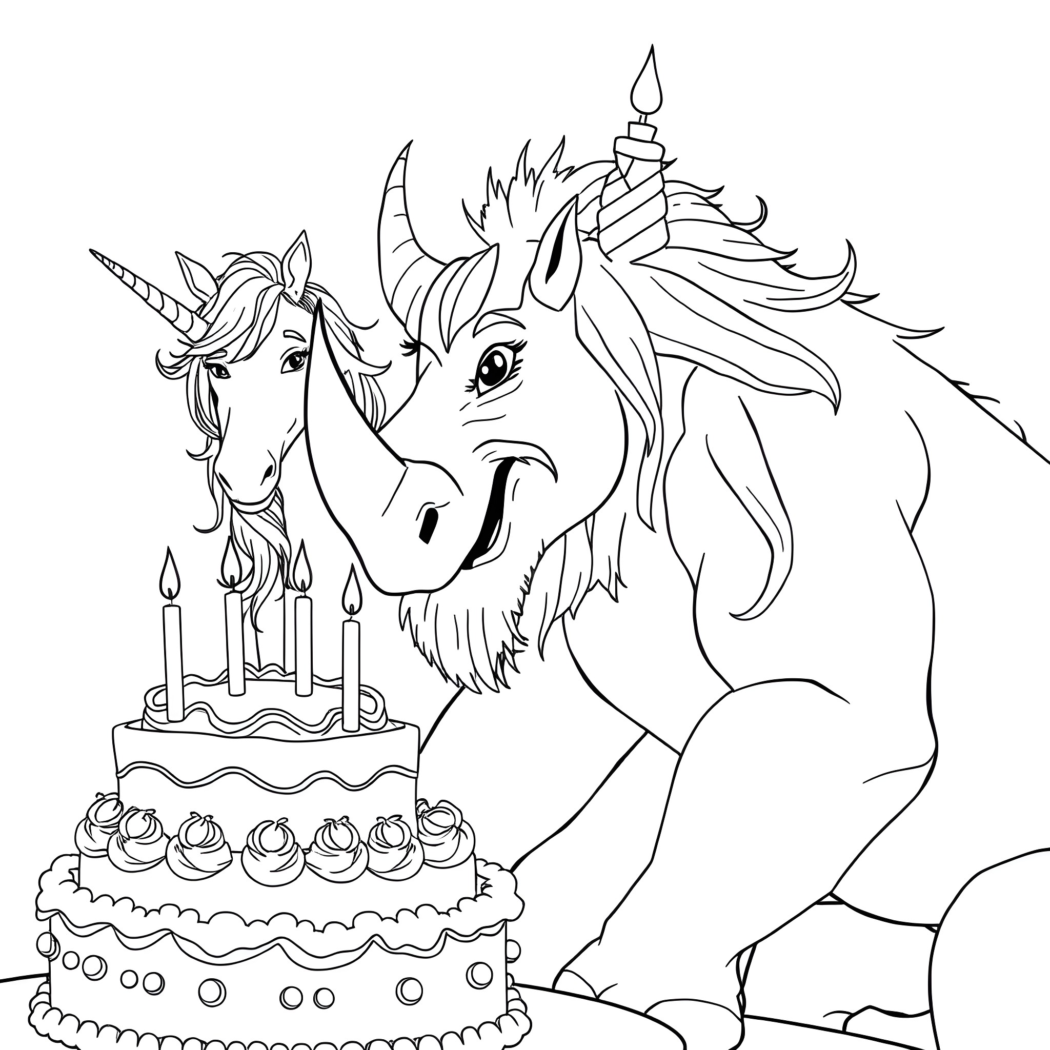 Minotaur Celebrating with a Birthday Cake Coloring Page (free black-and-white line drawing printable PDF for all, from beginners to advanced learners, including children, teens, adults, and seniors)