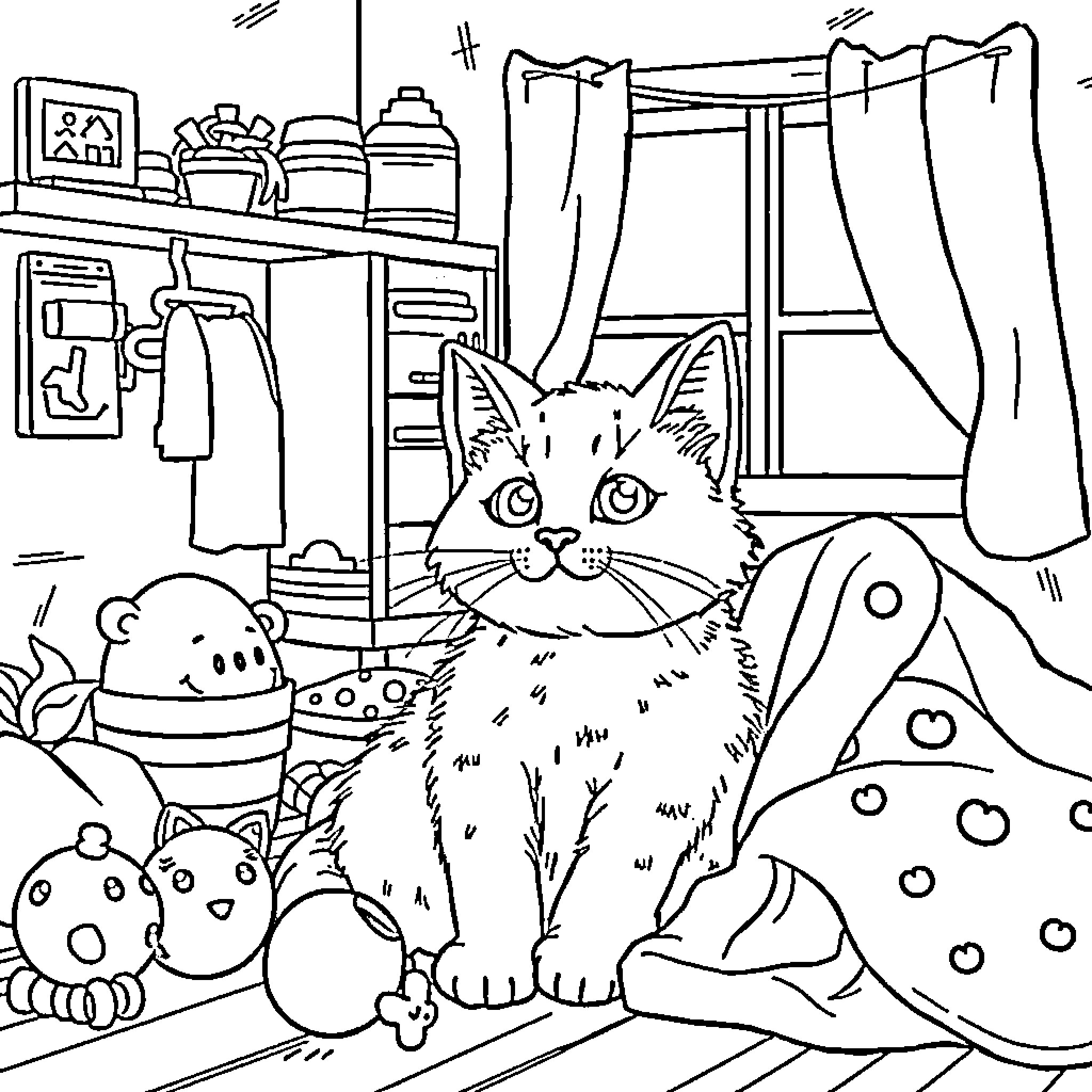 Cat Relaxing in Cozy Home Setting Coloring Page (free black-and-white line drawing printable PDF for all, from beginners to advanced learners, including children, teens, adults, and seniors)