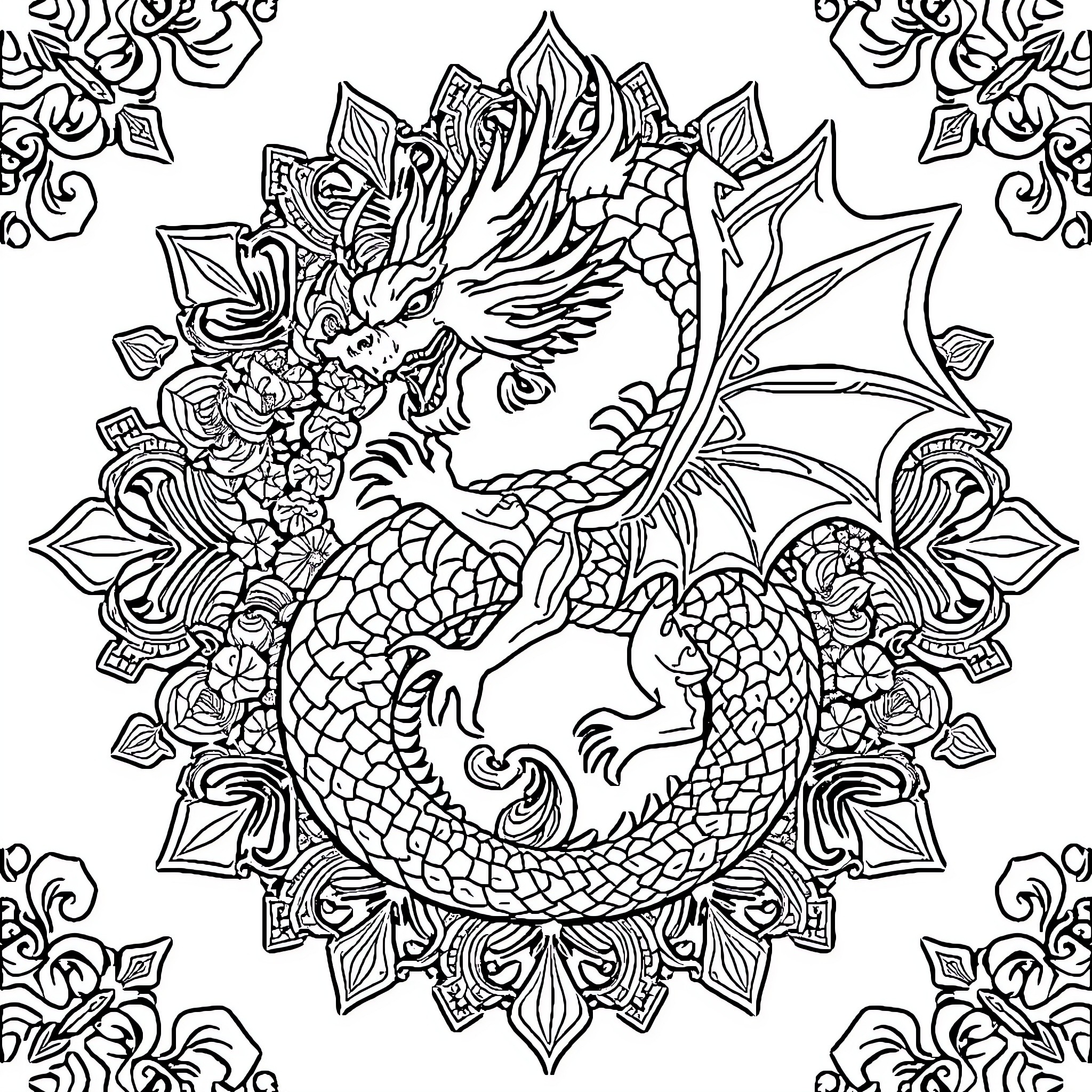 Dragon Majestic and Ornate Floral Design Coloring Page (free black-and-white line drawing printable PDF for all, from beginners to advanced learners, including children, teens, adults, and seniors)