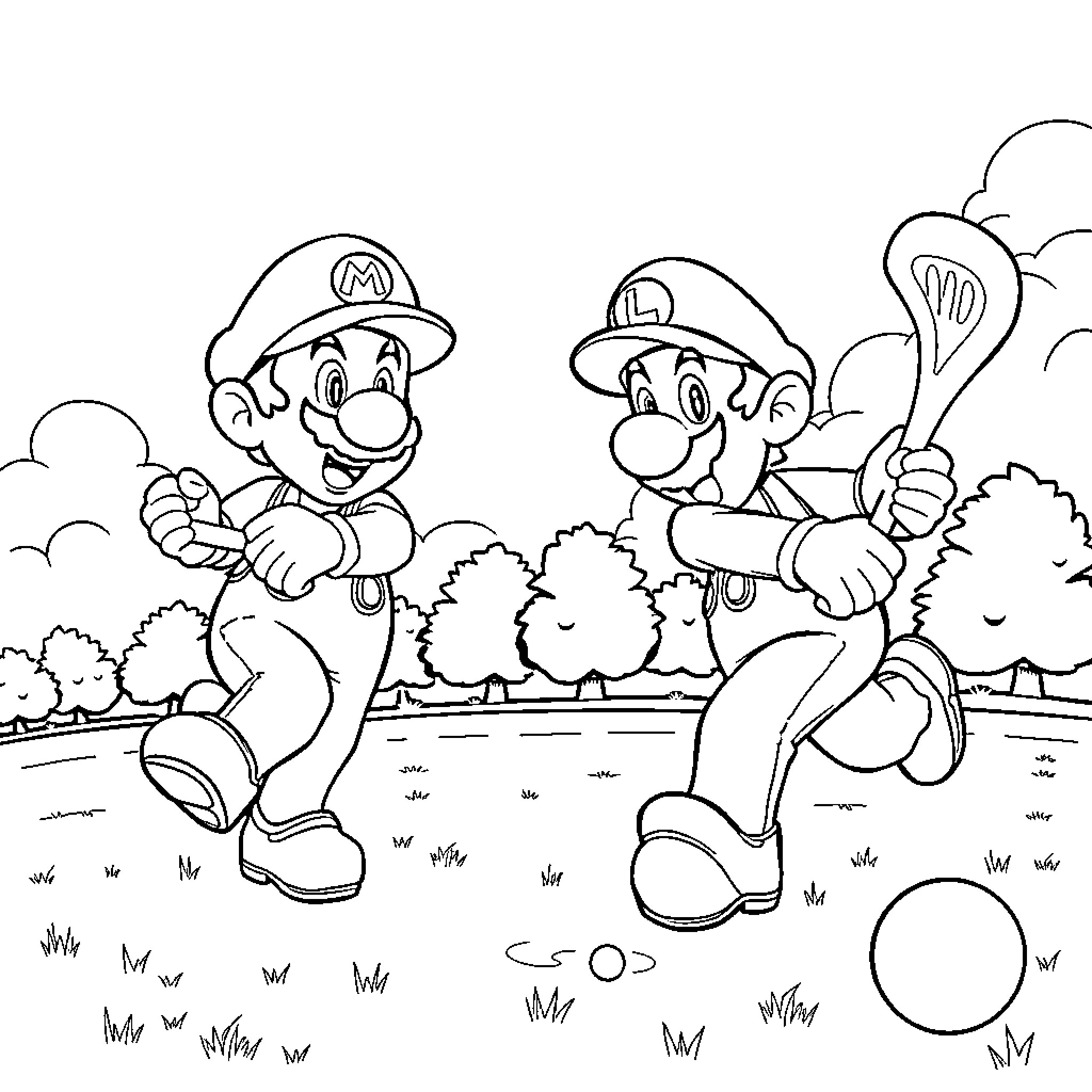Mario Brothers Enjoying a Playful Adventure Coloring Page (free black-and-white line drawing printable PDF for all, from beginners to advanced learners, including children, teens, adults, and seniors)