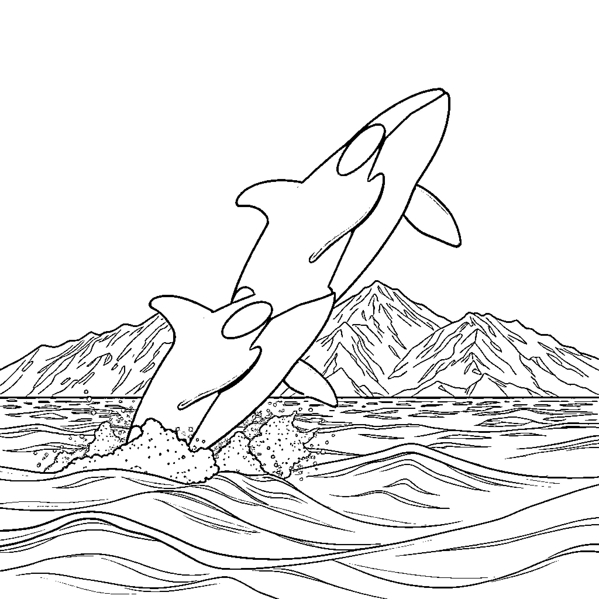 Killer Whale jumping out of the waves Coloring Page (free black-and-white line drawing printable PDF for all, from beginners to advanced learners, including children, teens, adults, and seniors)