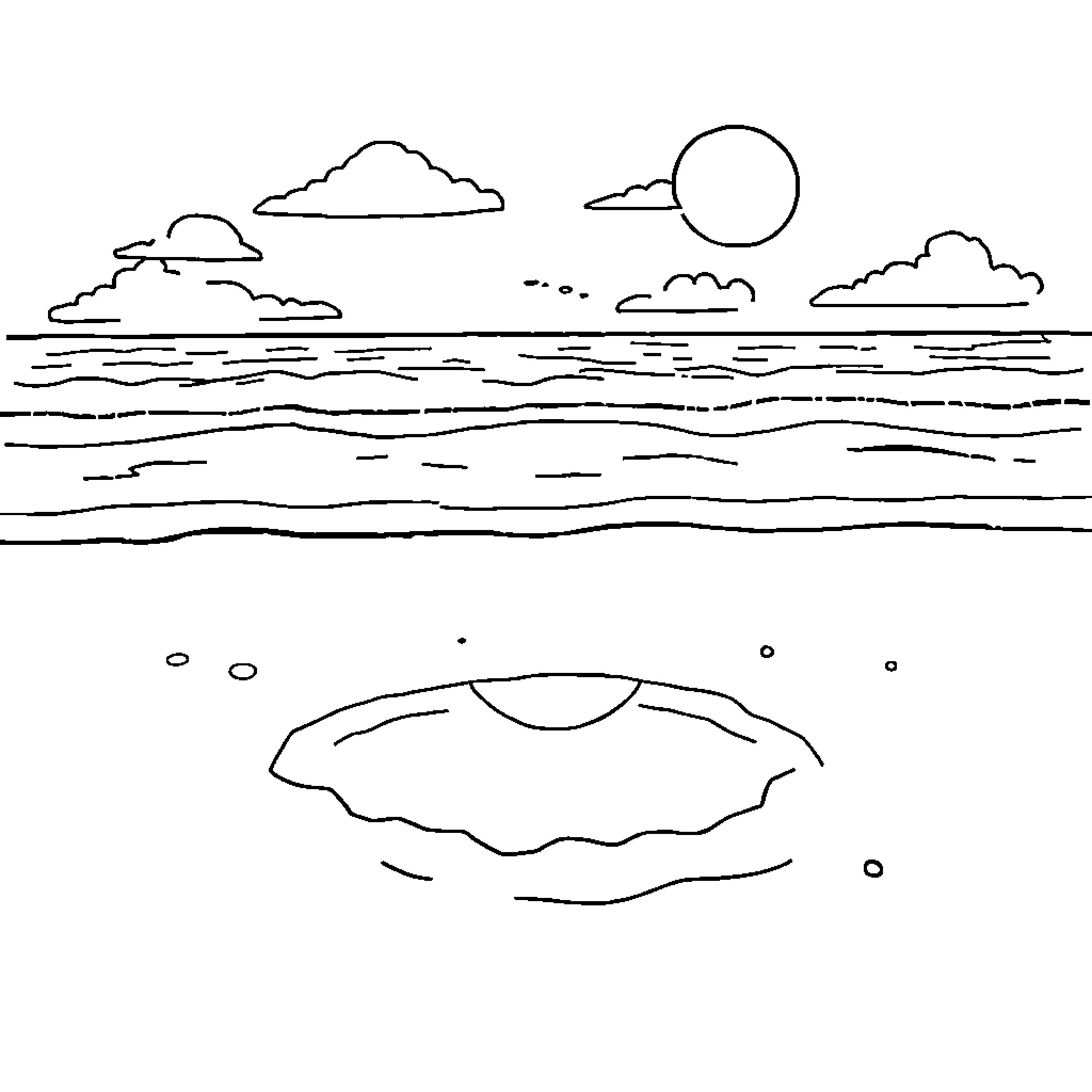 Smiley Face floating on the calm ocean Coloring Page (free black-and-white line drawing printable PDF for all, from beginners to advanced learners, including children, teens, adults, and seniors)
