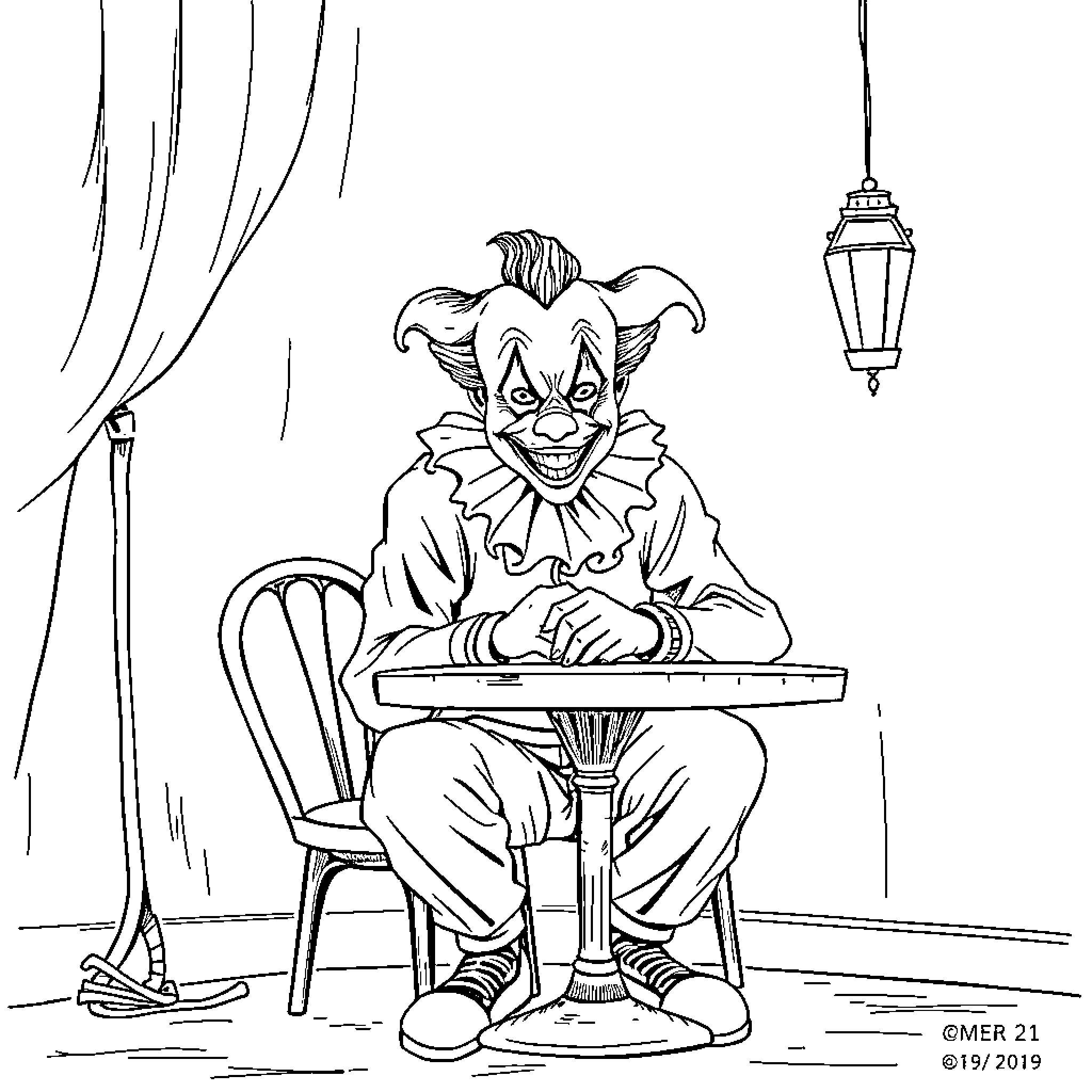 Clown entertainer with a mischievous grin Coloring Page (free black-and-white line drawing printable PDF for all, from beginners to advanced learners, including children, teens, adults, and seniors)