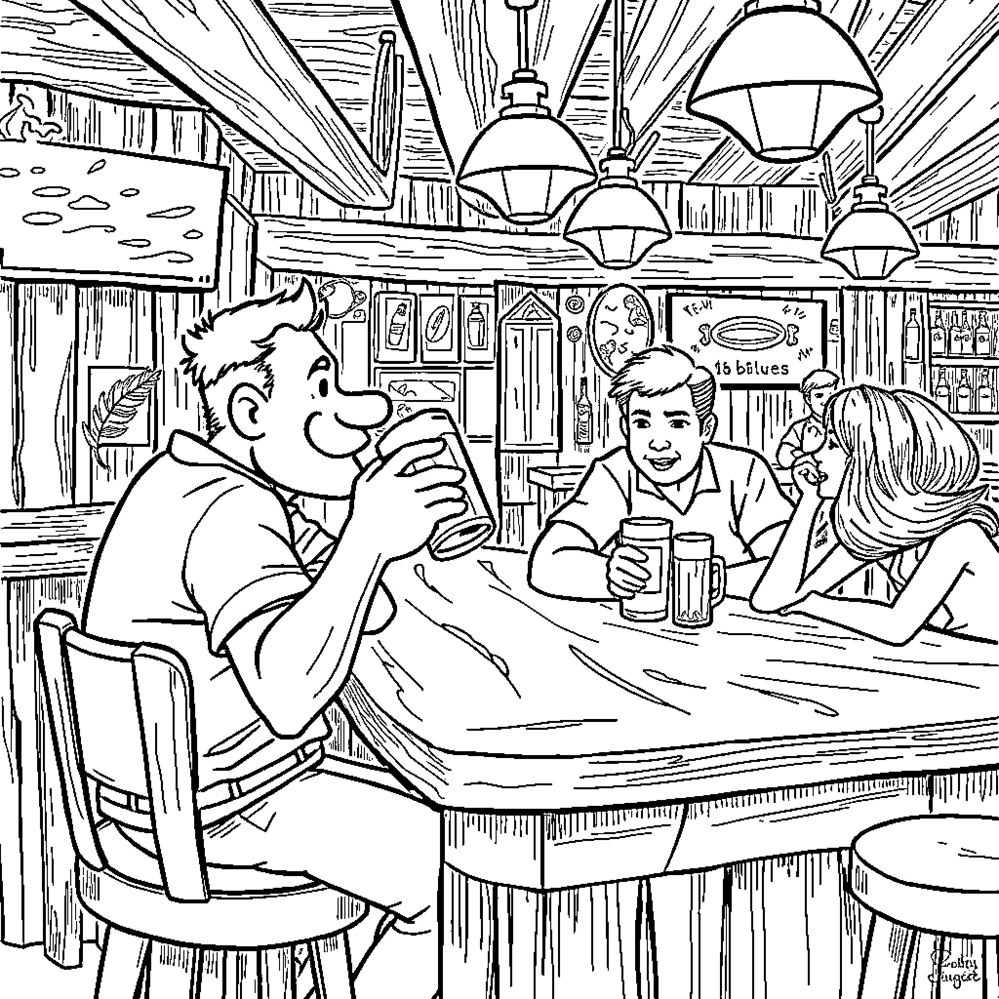 Bluey enjoying drinks with friends at the local pub Coloring Page (free black-and-white line drawing printable PDF for all, from beginners to advanced learners, including children, teens, adults, and seniors)