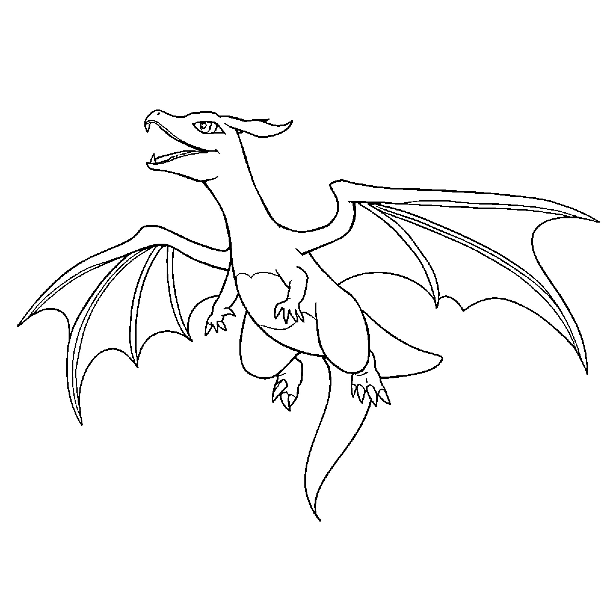 Charizard Spreading Its Majestic Wings Coloring Page (free black-and-white line drawing printable PDF for all, from beginners to advanced learners, including children, teens, adults, and seniors)