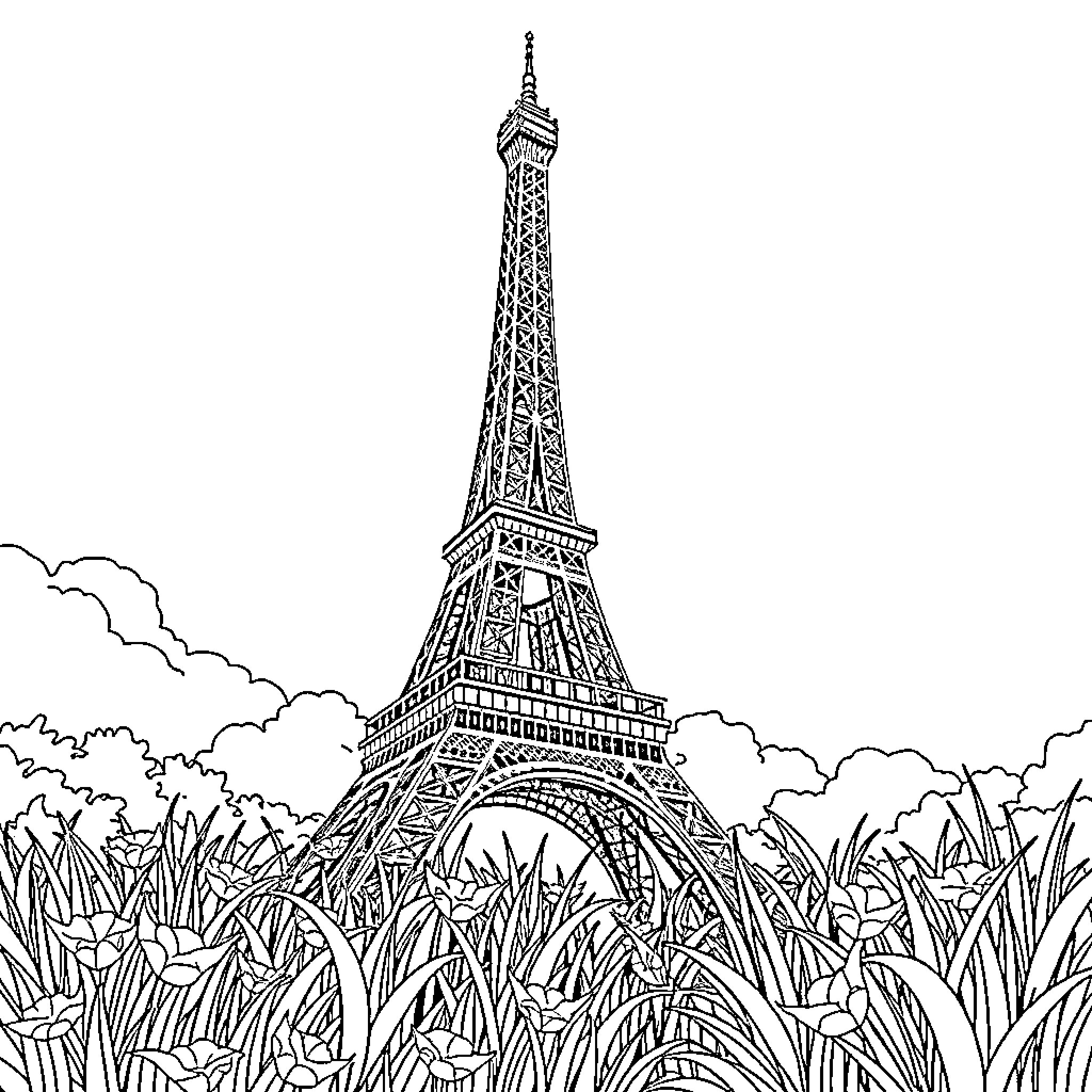 Unicorn observing the Eiffel Tower in the meadow Coloring Page (free black-and-white line drawing printable PDF for all, from beginners to advanced learners, including children, teens, adults, and seniors)