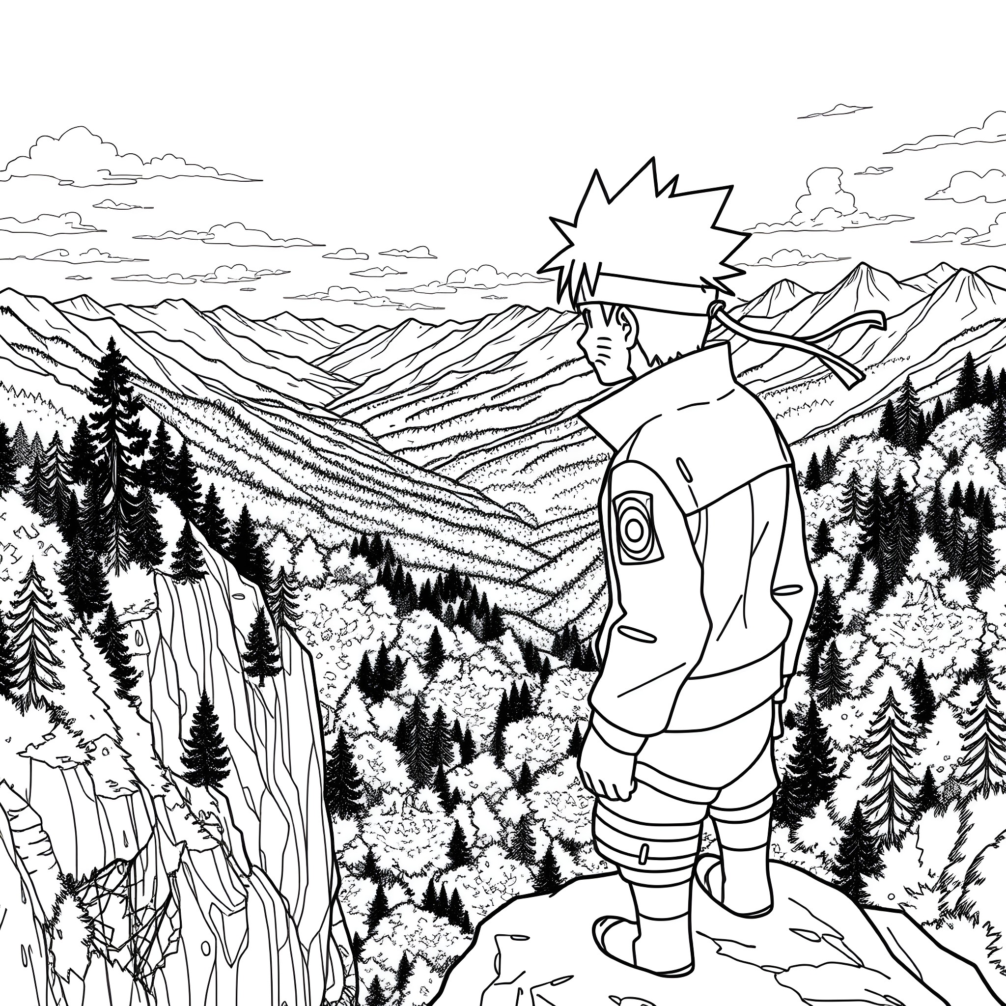 Naruto admiring the scenic mountain landscape Coloring Page (free black-and-white line drawing printable PDF for all, from beginners to advanced learners, including children, teens, adults, and seniors)