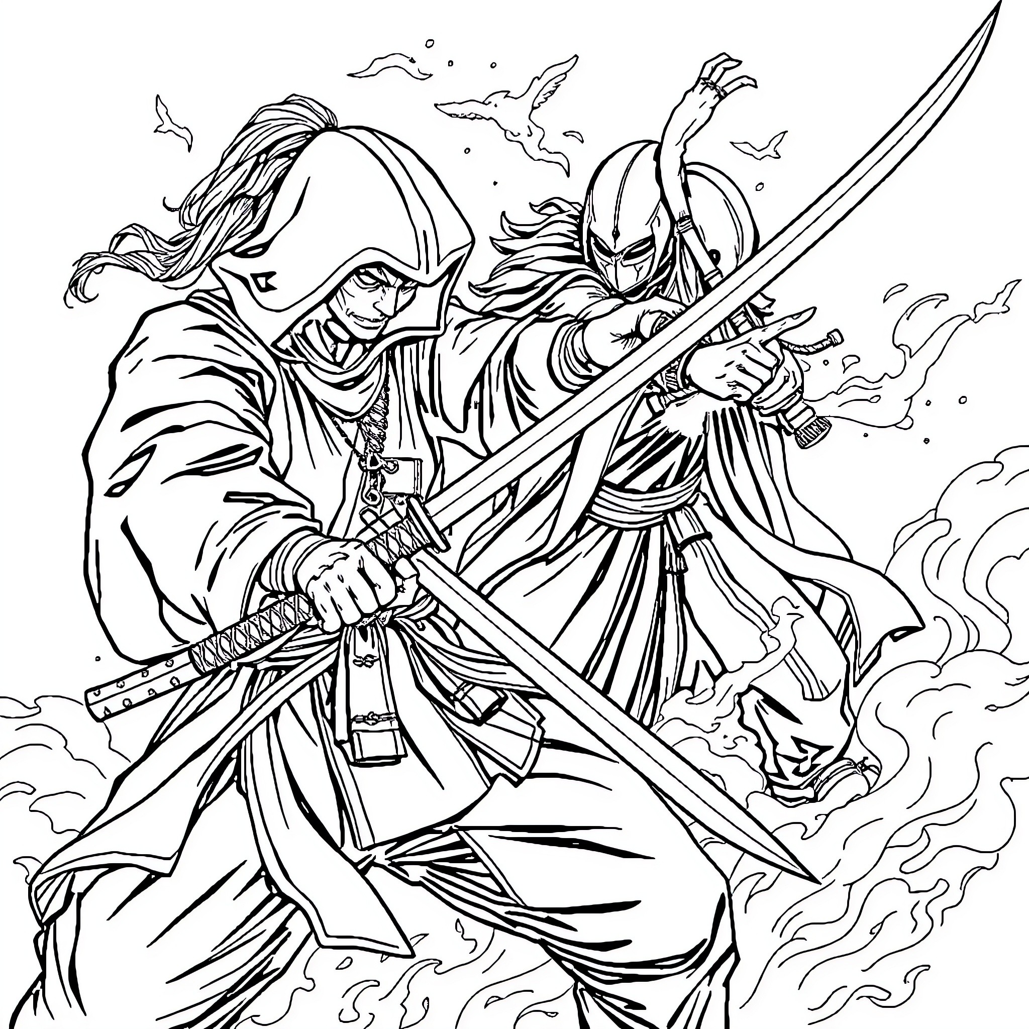 Samurai warriors engaged in fierce combat Coloring Page (free black-and-white line drawing printable PDF for all, from beginners to advanced learners, including children, teens, adults, and seniors)