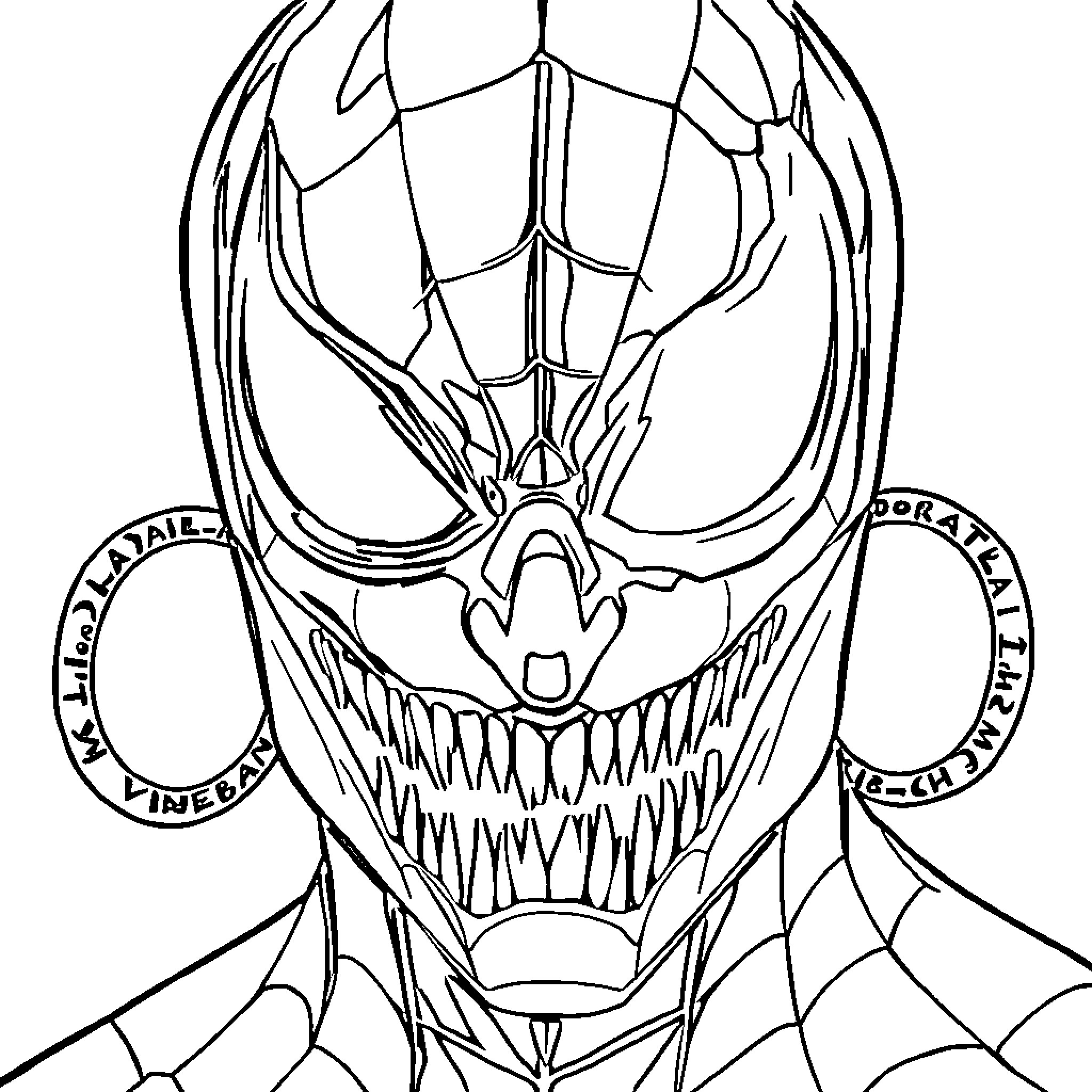 Spider-Man Spiderweb Mask and Villain Expressions Coloring Page (free black-and-white line drawing printable PDF for all, from beginners to advanced learners, including children, teens, adults, and seniors)