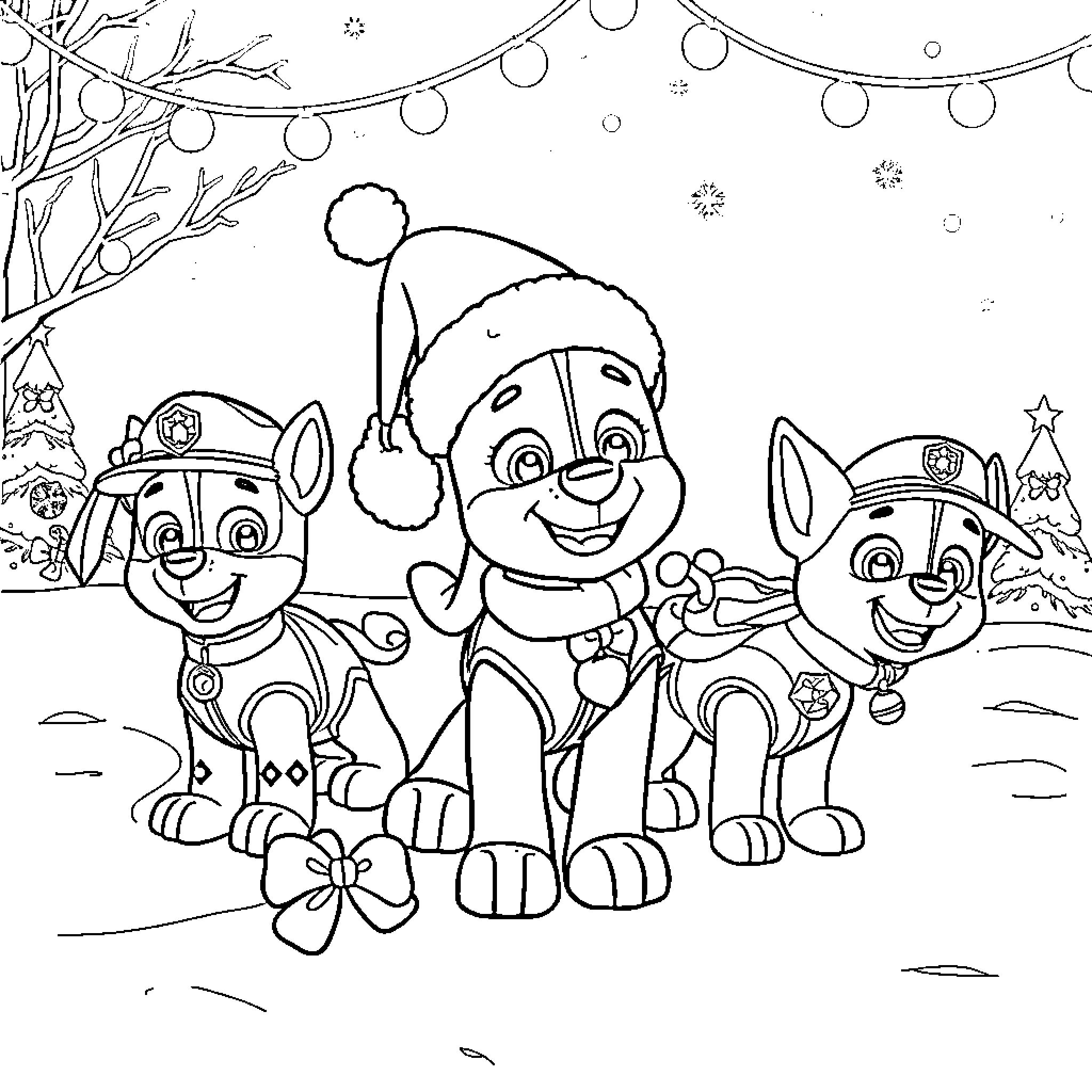 Paw Patrol Enjoying Winter Wonderland Coloring Page (free black-and-white line drawing printable PDF for all, from beginners to advanced learners, including children, teens, adults, and seniors)