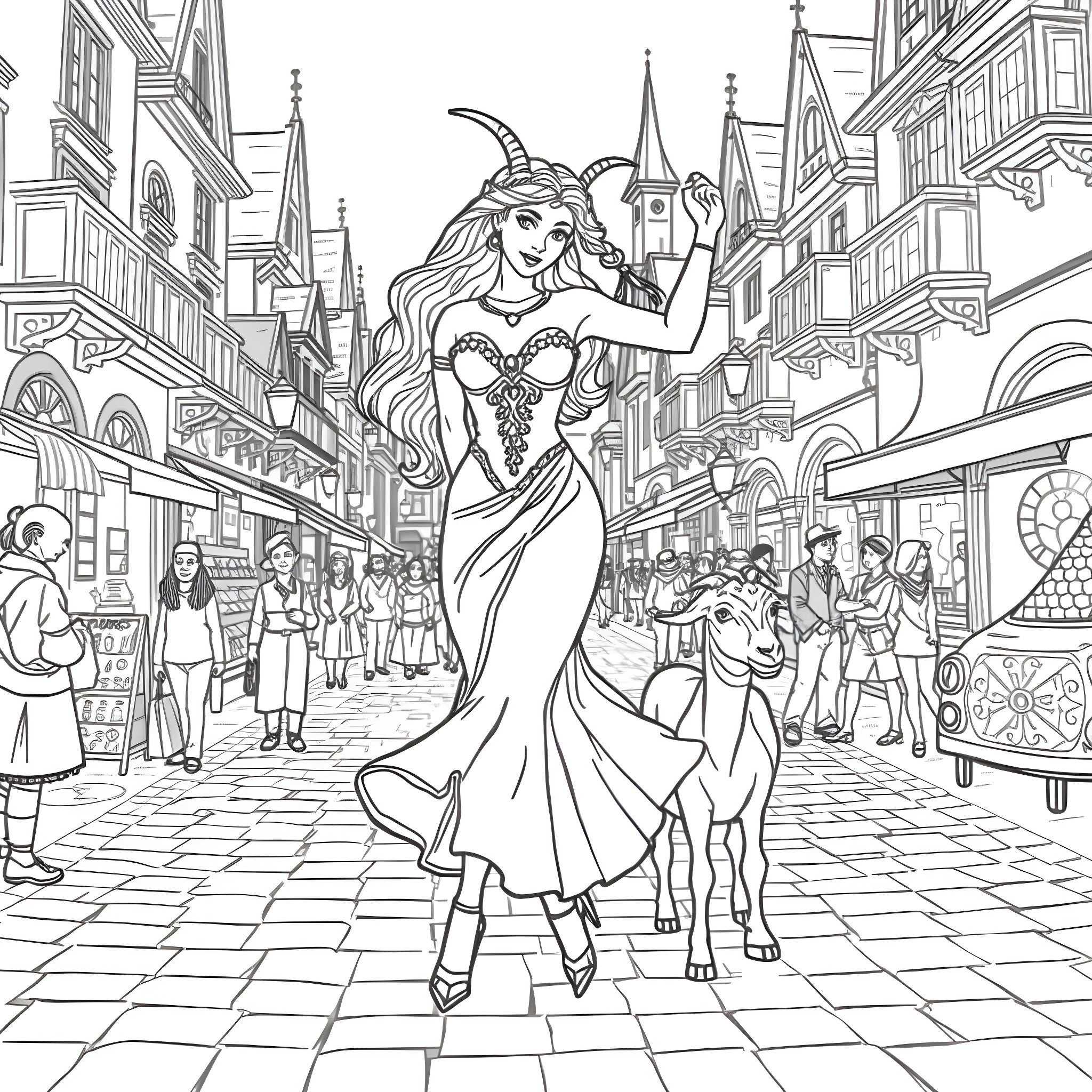 Esmeralda's Vibrant Dance in the Bustling City Streets Coloring Page (free black-and-white line drawing printable PDF for all, from beginners to advanced learners, including children, teens, adults, and seniors)