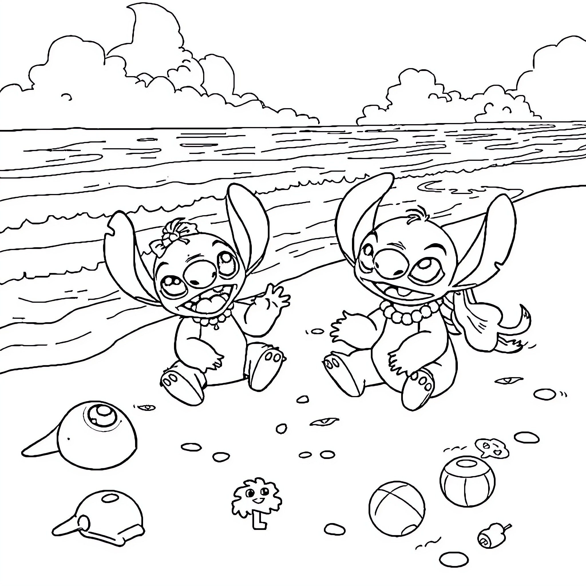 Lilo and Stitch playing on the beach Coloring Page (free black-and-white line drawing printable PDF for all, from beginners to advanced learners, including children, teens, adults, and seniors)