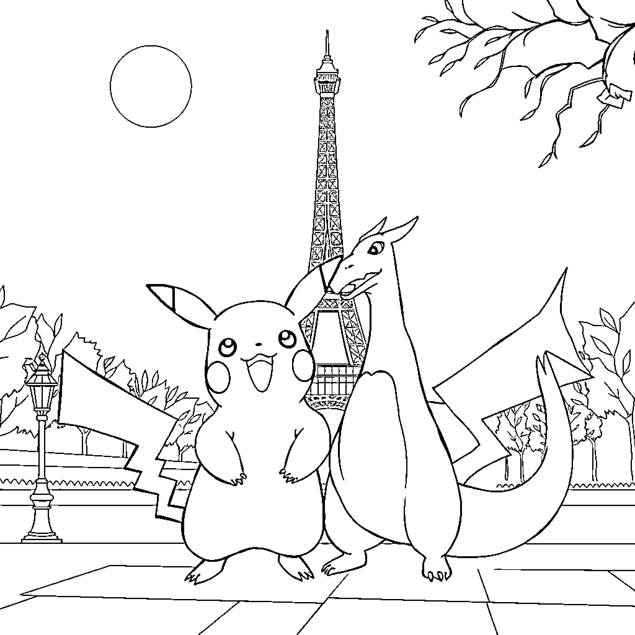Pikachu and Dragonite explore the Eiffel Tower Coloring Page (free black-and-white line drawing printable PDF for all, from beginners to advanced learners, including children, teens, adults, and seniors)