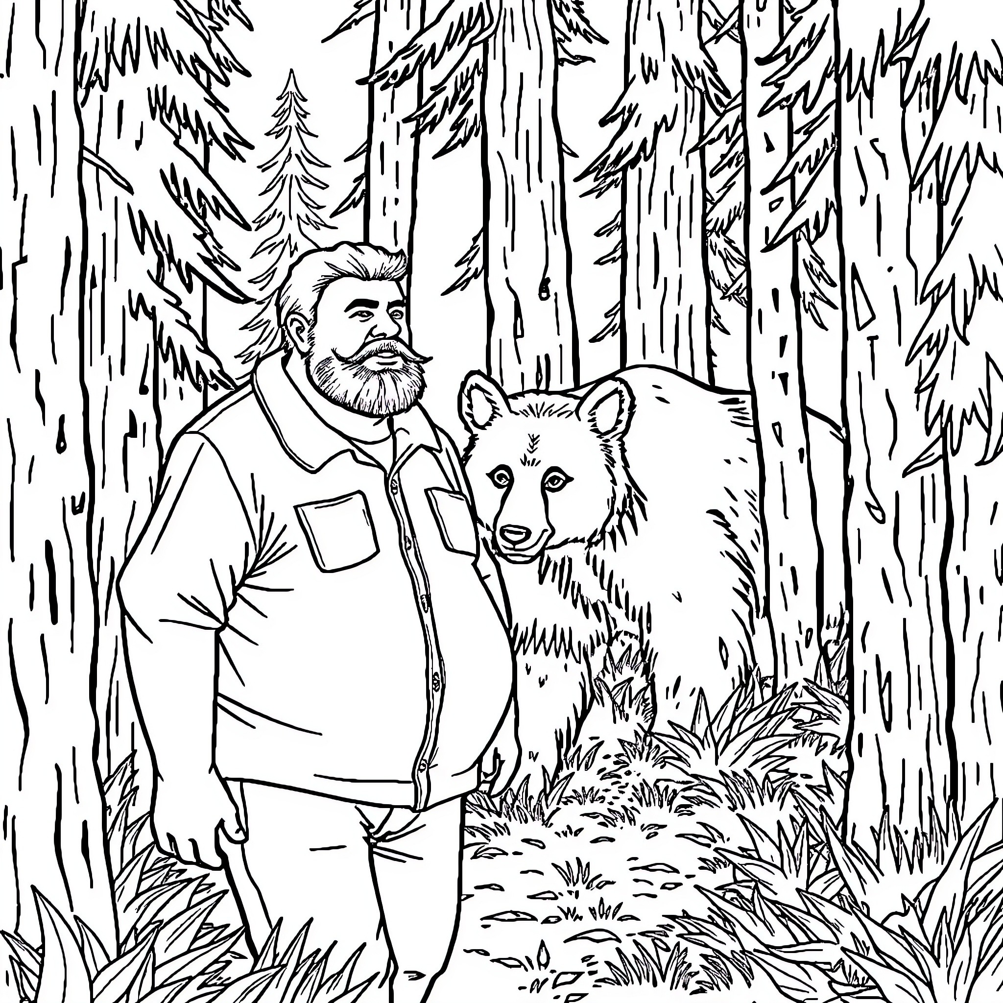 Husband encounters bear in the forest Coloring Page (free black-and-white line drawing printable PDF for all, from beginners to advanced learners, including children, teens, adults, and seniors)