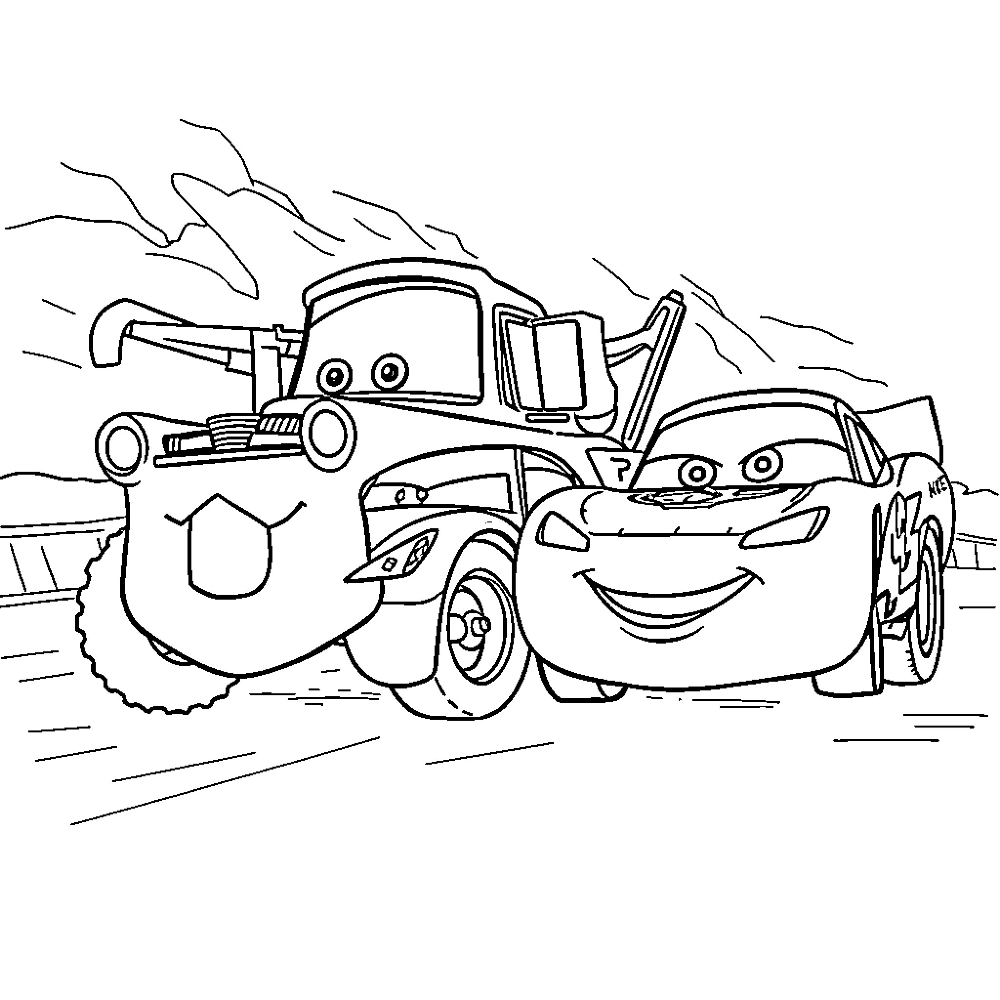 Car characters in action-filled adventure Coloring Page (free black-and-white line drawing printable PDF for all, from beginners to advanced learners, including children, teens, adults, and seniors)