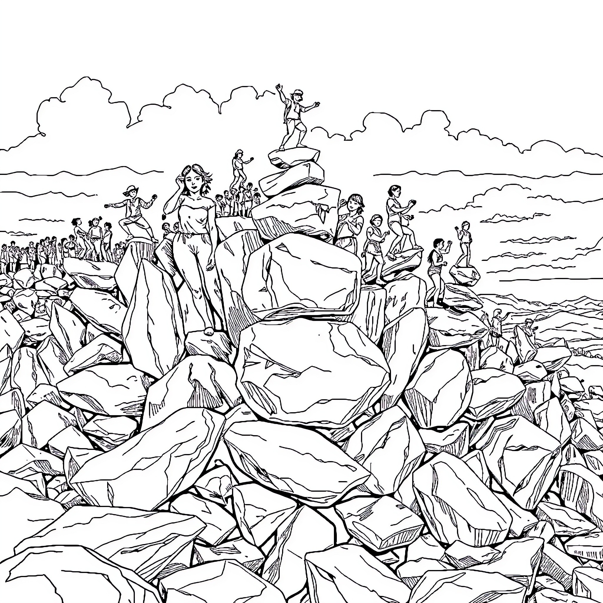Person celebrating on a rocky cliff overlooking the ocean Coloring Page (free black-and-white line drawing printable PDF for all, from beginners to advanced learners, including children, teens, adults, and seniors)