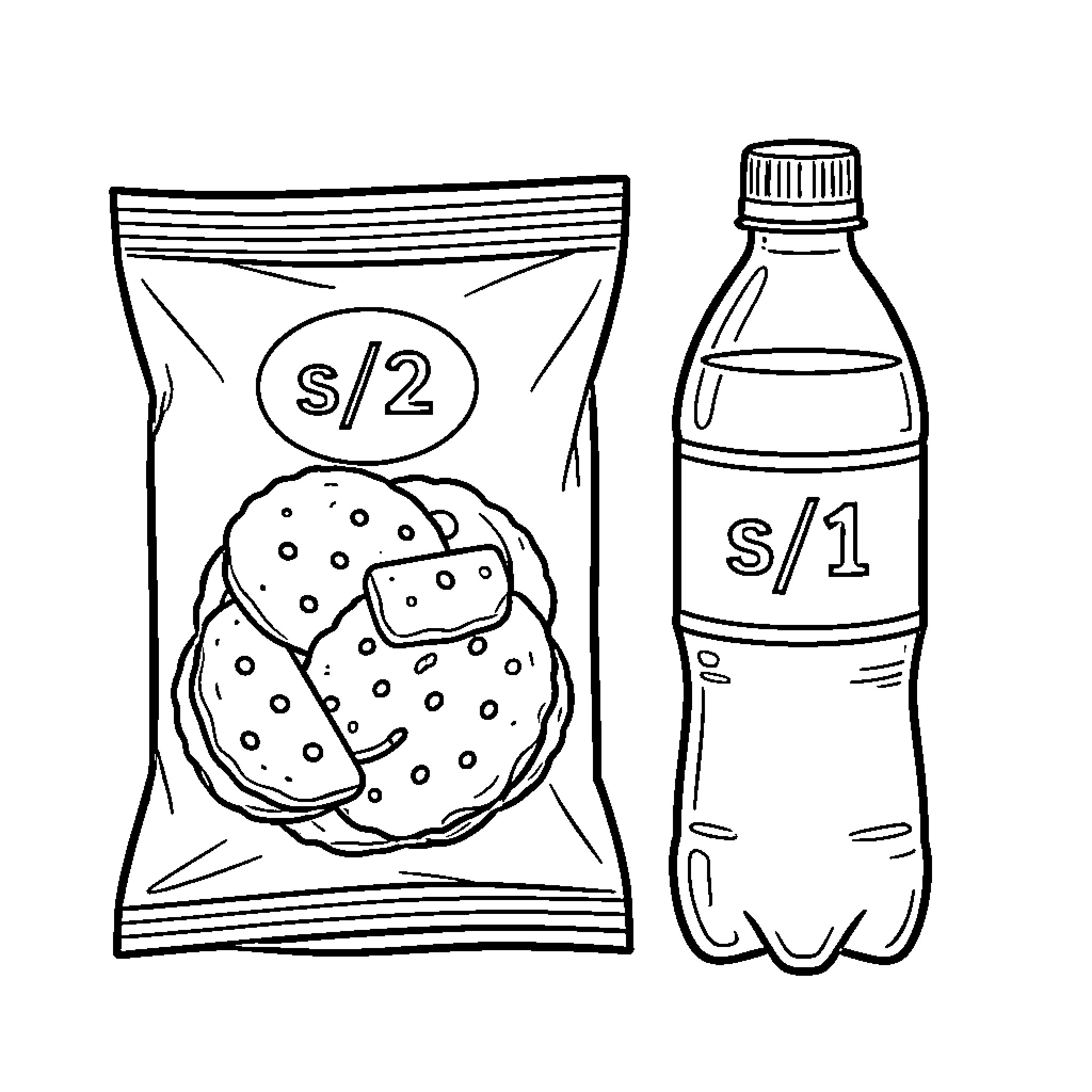 Paquete de galletas junto a una botella de bebida Coloring Page (free black-and-white line drawing printable PDF for all, from beginners to advanced learners, including children, teens, adults, and seniors)