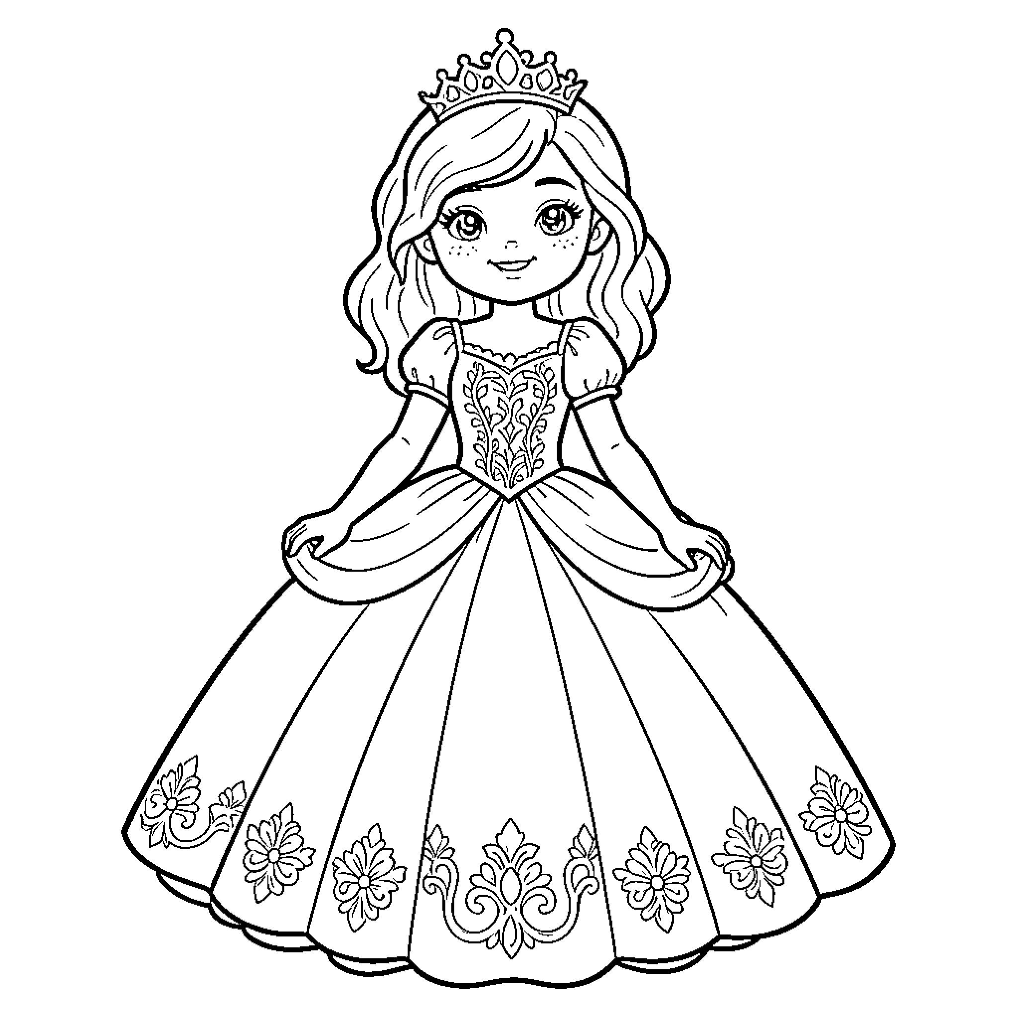 Princess wearing a crown and elegant gown Coloring Page (free black-and-white line drawing printable PDF for all, from beginners to advanced learners, including children, teens, adults, and seniors)