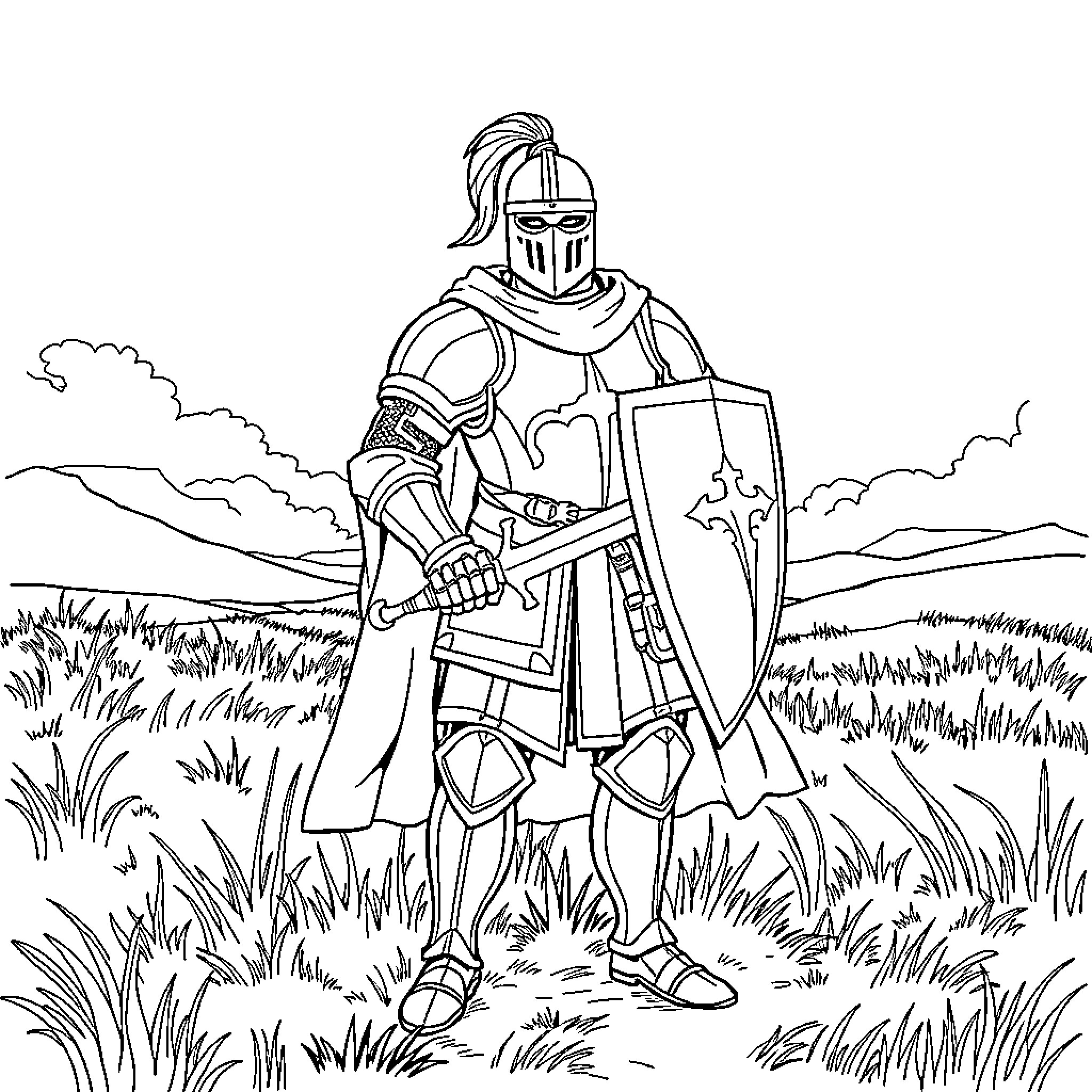Soldier in Armored Garb Standing in Grassy Field Coloring Page (free black-and-white line drawing printable PDF for all, from beginners to advanced learners, including children, teens, adults, and seniors)