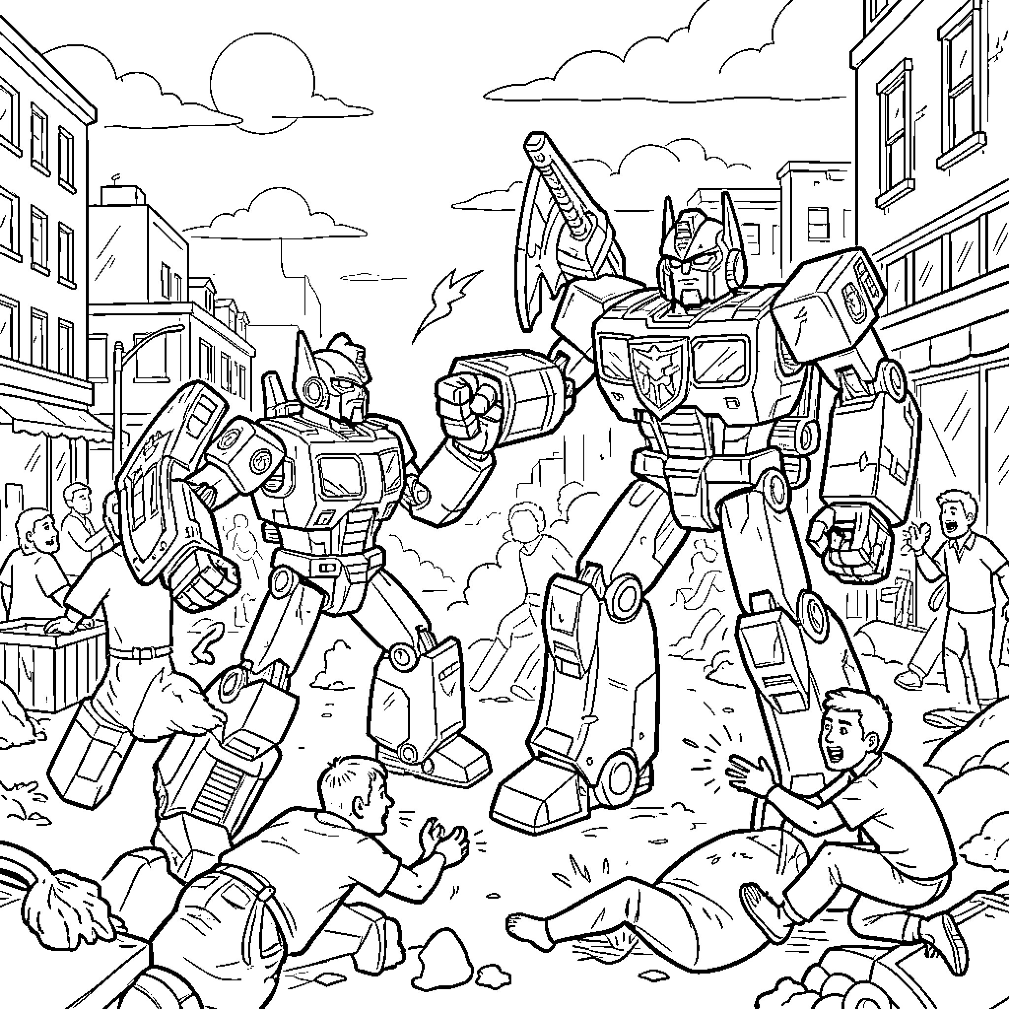Transformer robots fighting amidst a busy city street Coloring Page (free black-and-white line drawing printable PDF for all, from beginners to advanced learners, including children, teens, adults, and seniors)