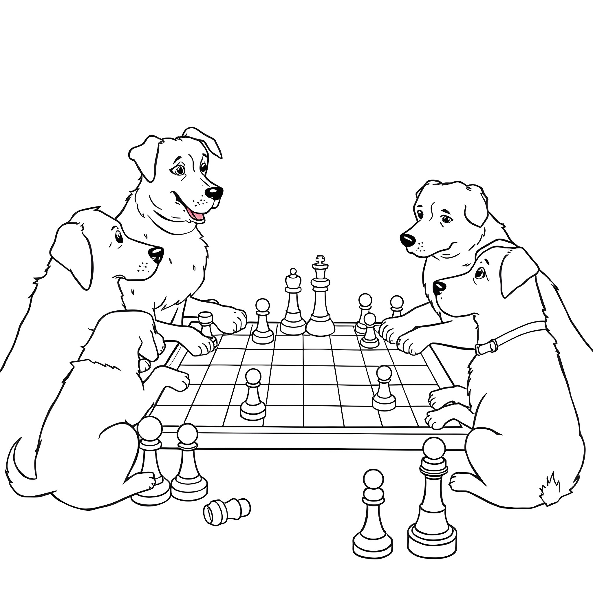 Dogs playing chess on the chessboard Coloring Page (free black-and-white line drawing printable PDF for all, from beginners to advanced learners, including children, teens, adults, and seniors)