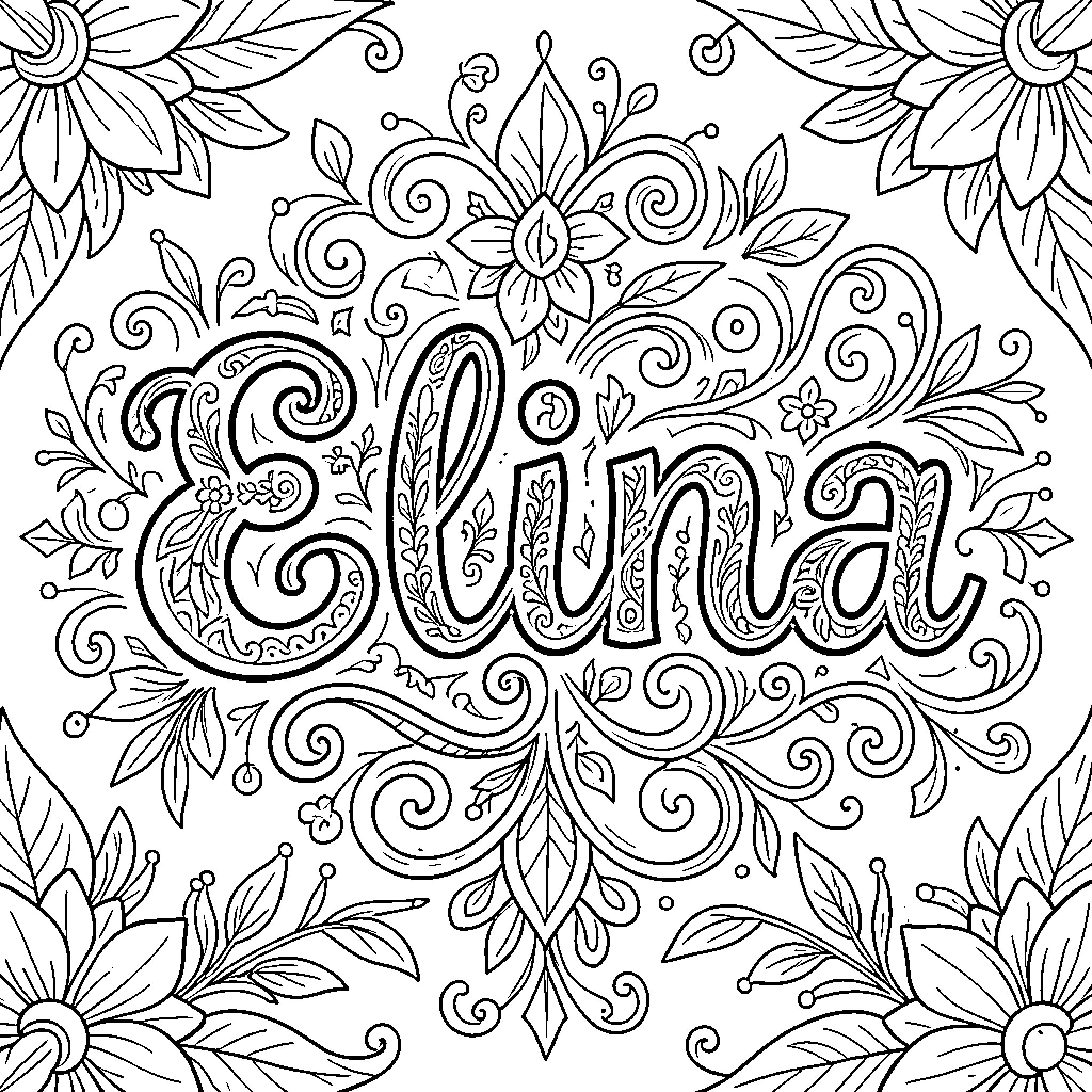 Elina's Intricate Floral Doodle Coloring Page (free black-and-white line drawing printable PDF for all, from beginners to advanced learners, including children, teens, adults, and seniors)