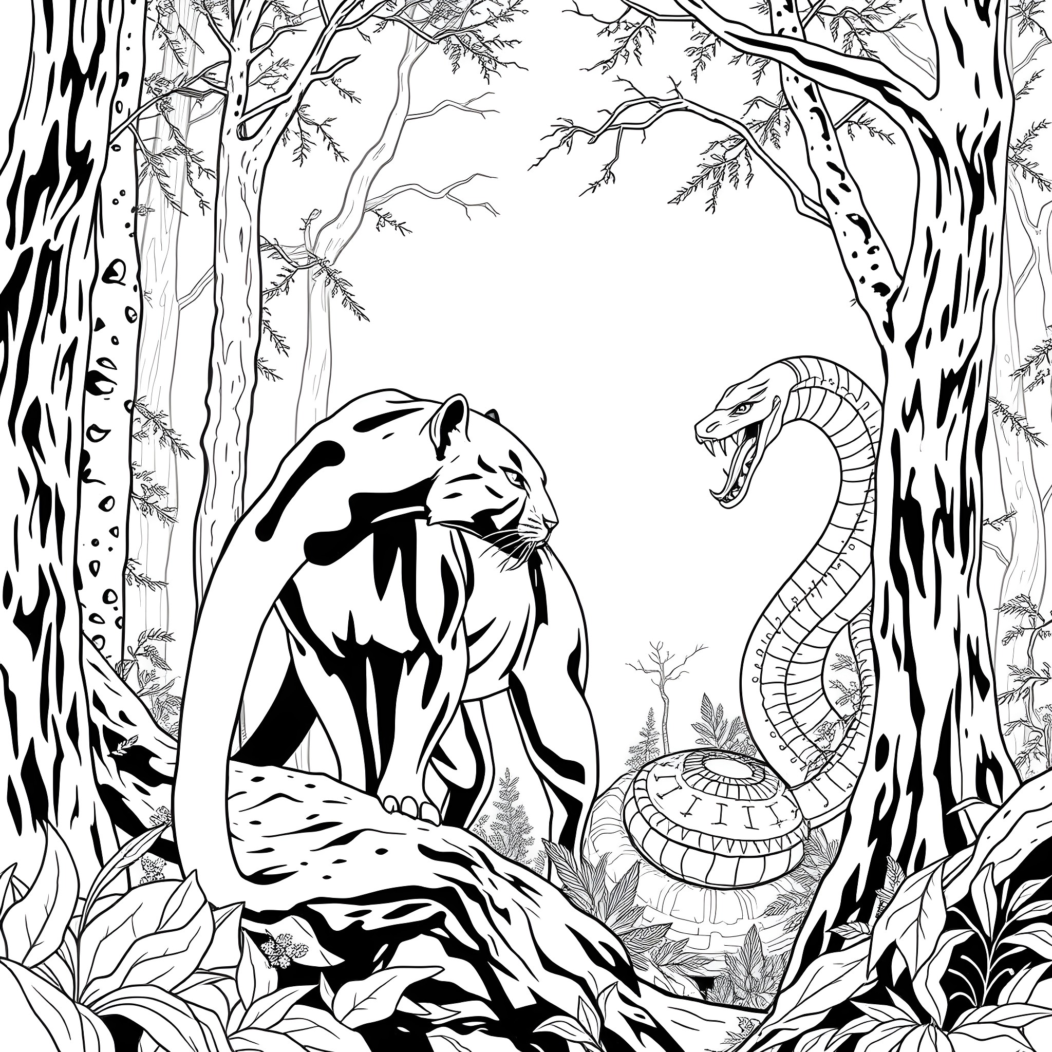 Panther and Snake in the Mystical Rainforest Coloring Page (free black-and-white line drawing printable PDF for all, from beginners to advanced learners, including children, teens, adults, and seniors)